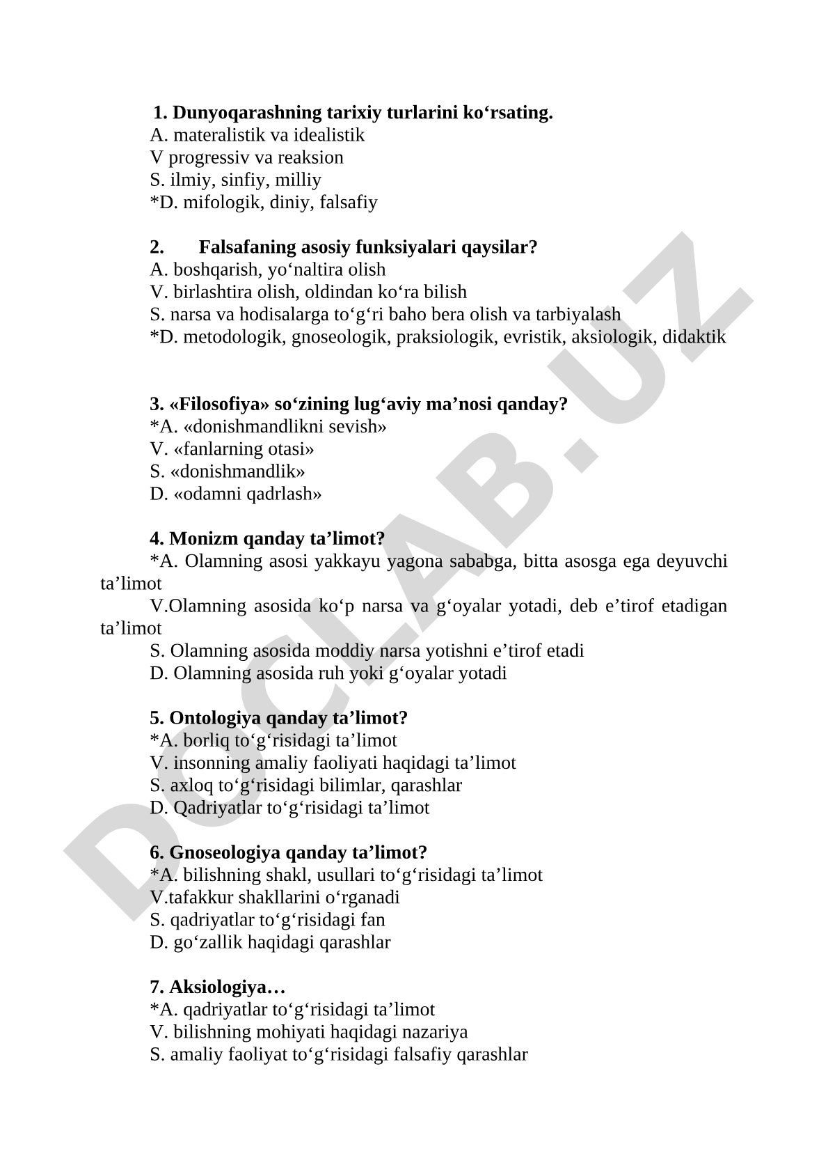 Falsafa asoslari bo'yicha test savollari