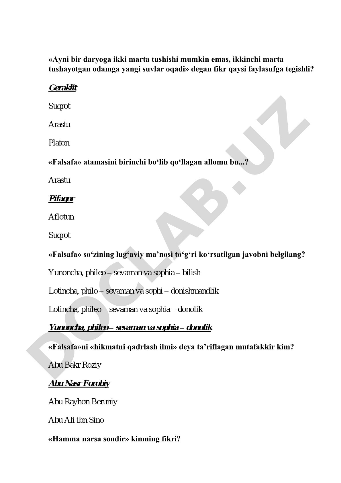 Falsafa fanidan test savollari