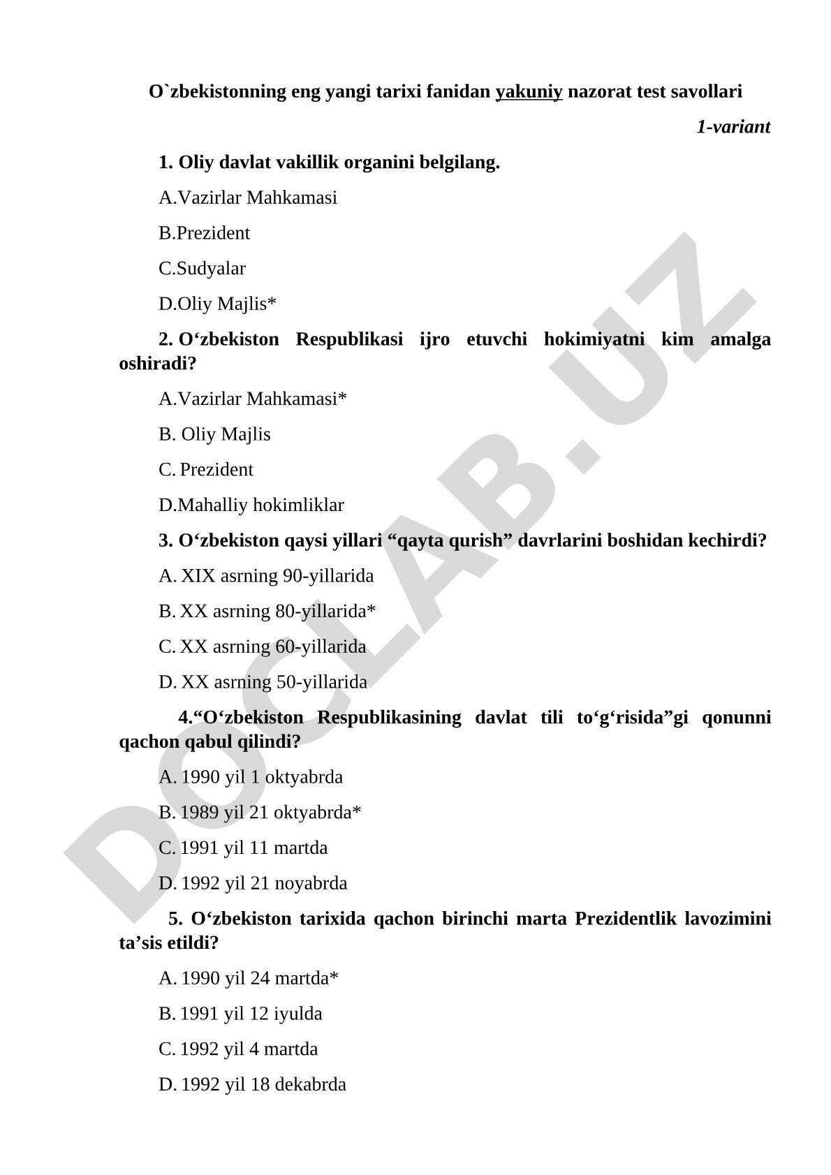 O'zbekistonning eng yangi tarixi fanidan yakuniy nazorat test savollari