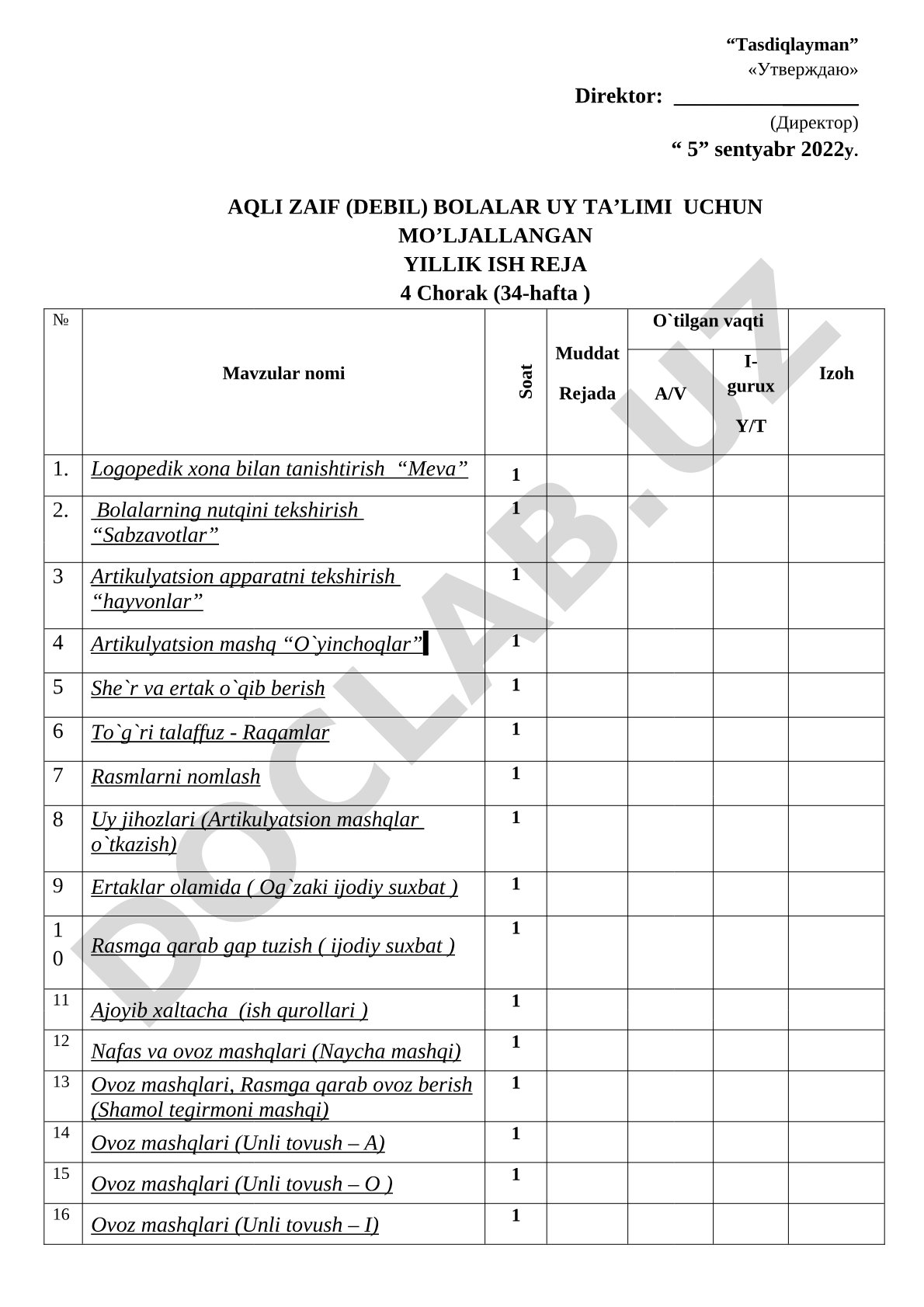 Aqli zaif (debil) bolalar uy ta'limi uchun yillik ish reja