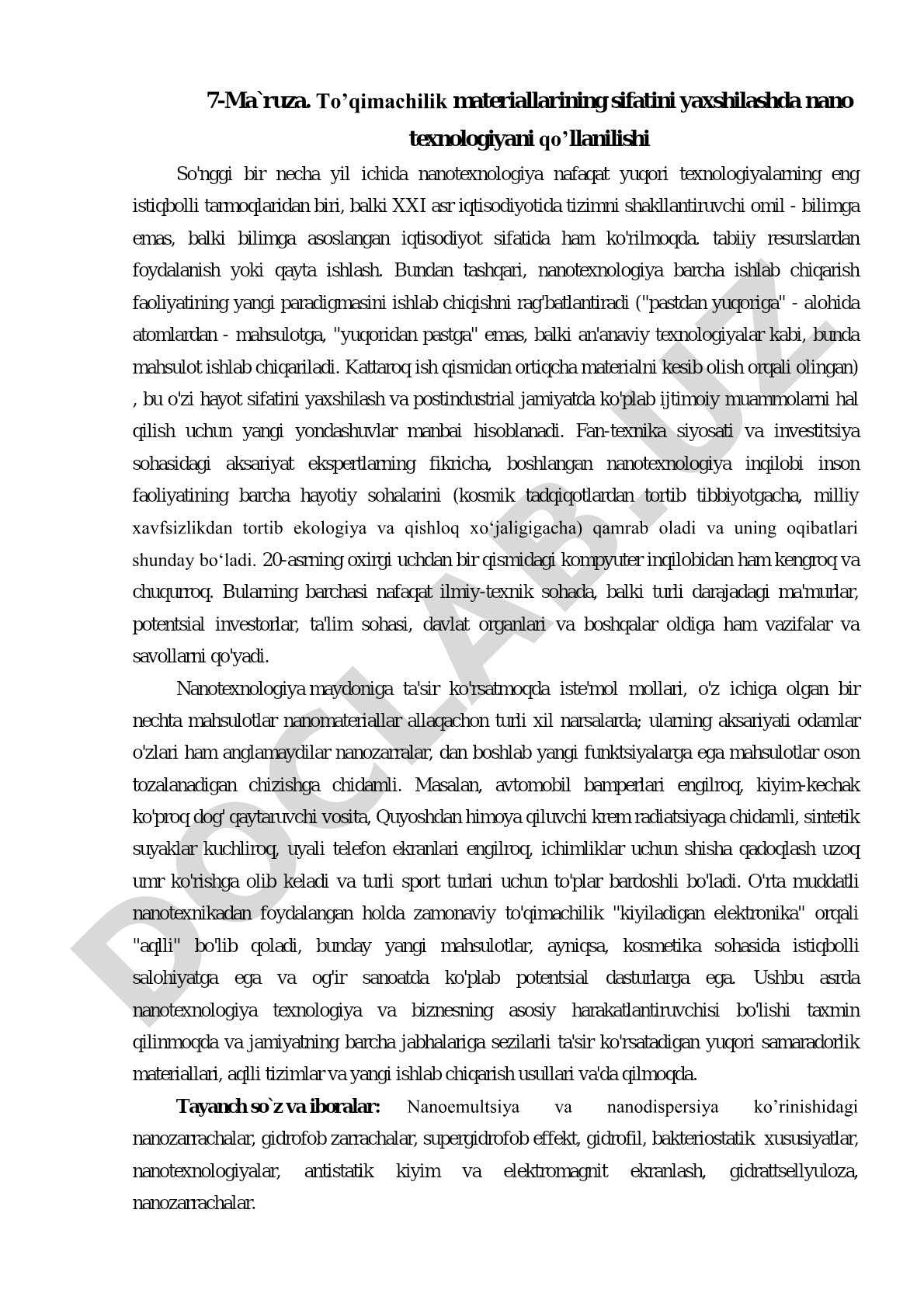 To’qimachilik materiallarining sifatini yaxshilashda nano texnologiyani qo’llanilishi