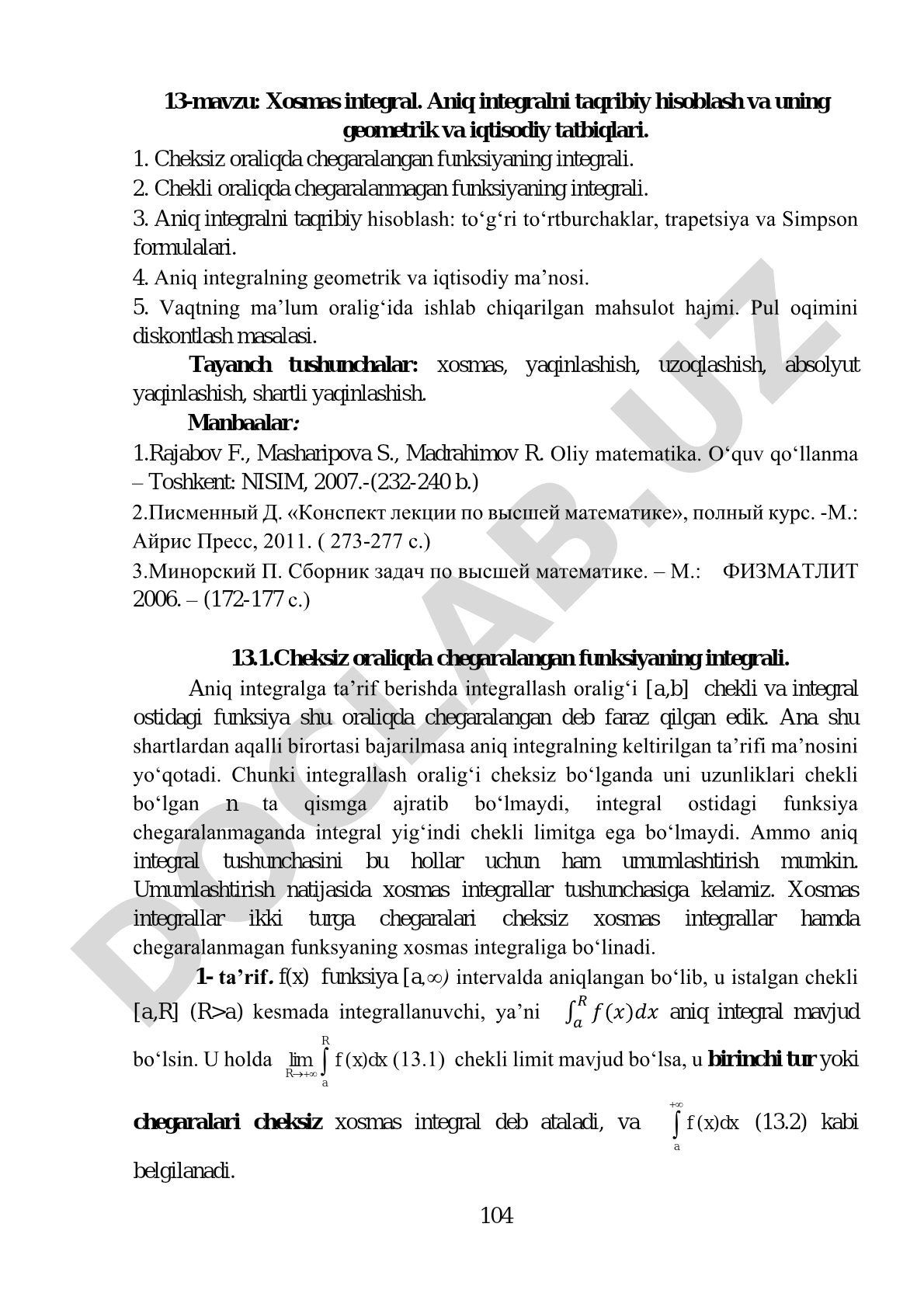 Xosmas integral. Aniq integralni taqribiy hisoblash va uning geometrik va iqtisodiy tatbiqlari