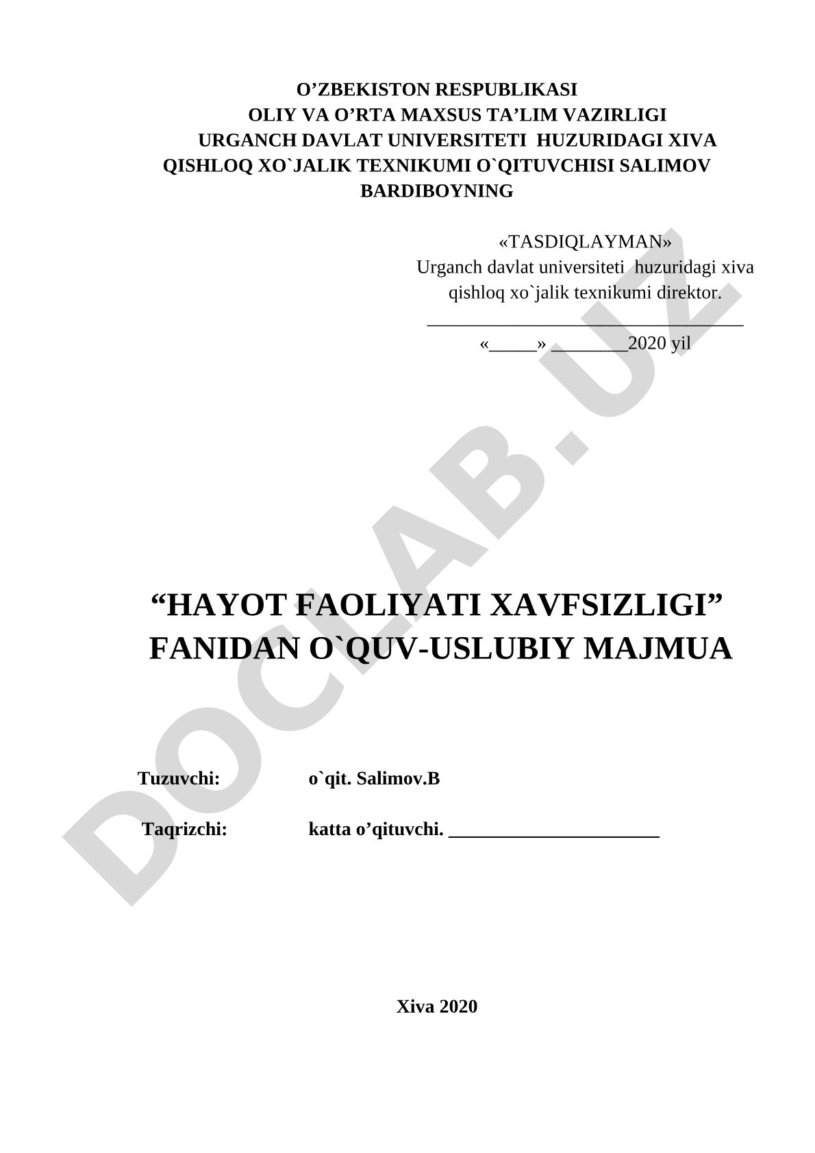 Hayot faoliyati xavfsizligi fanidan o'quv-uslubiy majmua