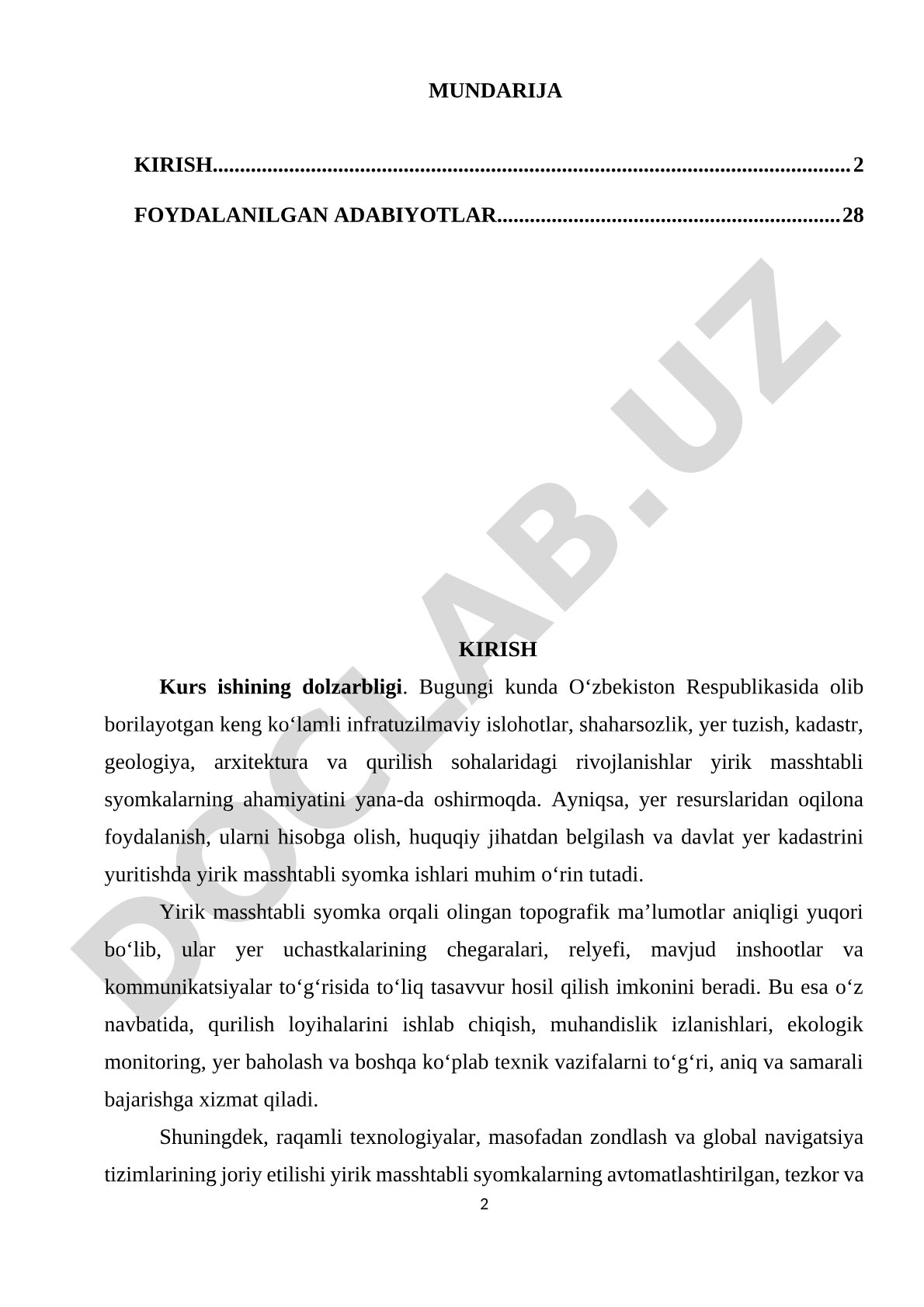 Kurs ishi: Yirik masshtabli syomkaning nazariy asoslari, amaliyoti va qo'llanilishi