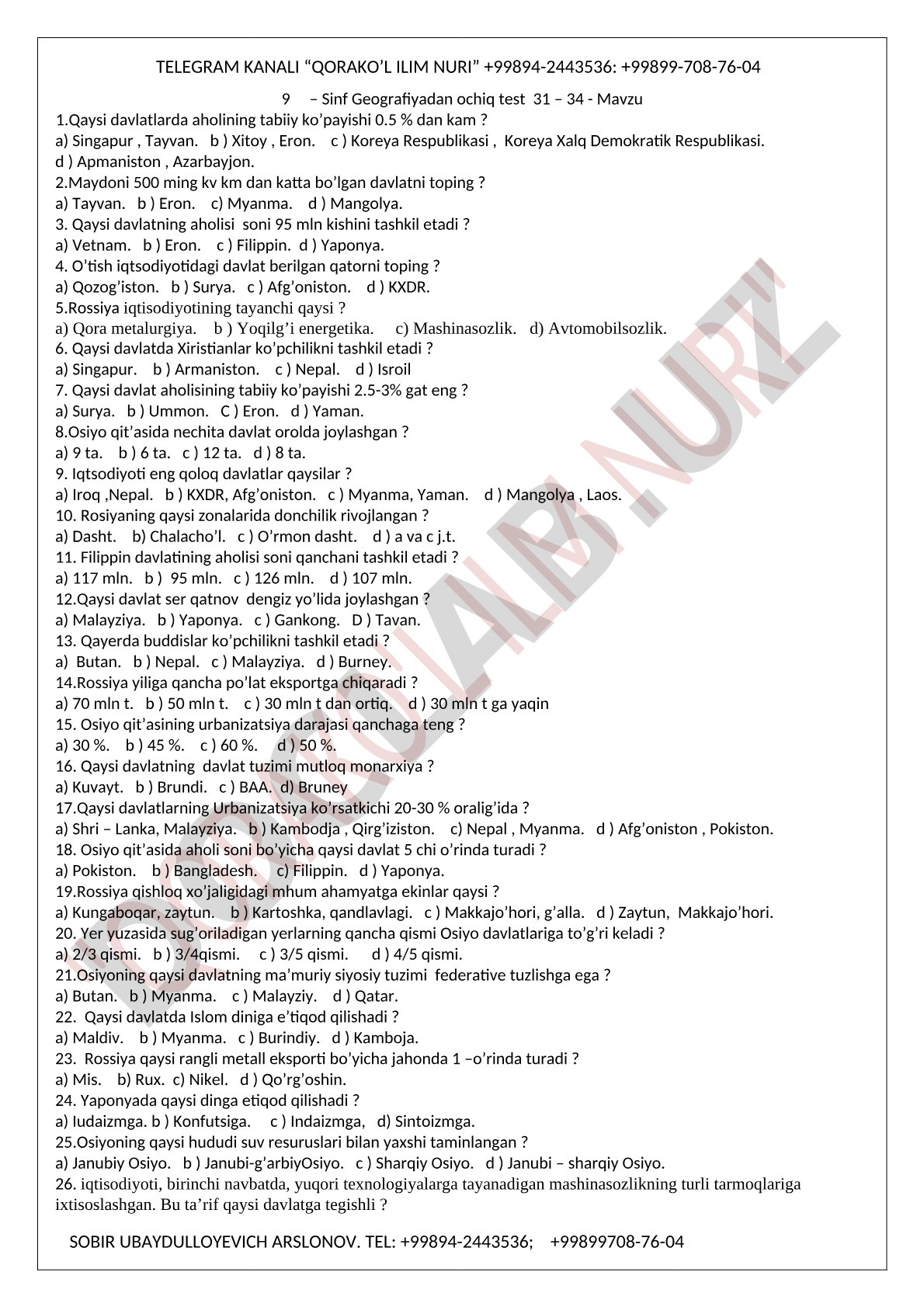 Osiyo mamlakatlari geografiyasi, aholisi va iqtisodiyoti bo'yicha test