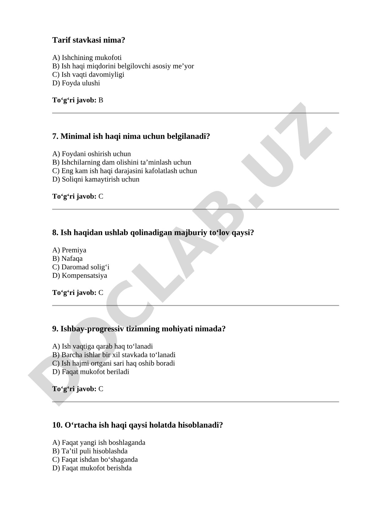 Iqtisodiyot fanidan test savollari
