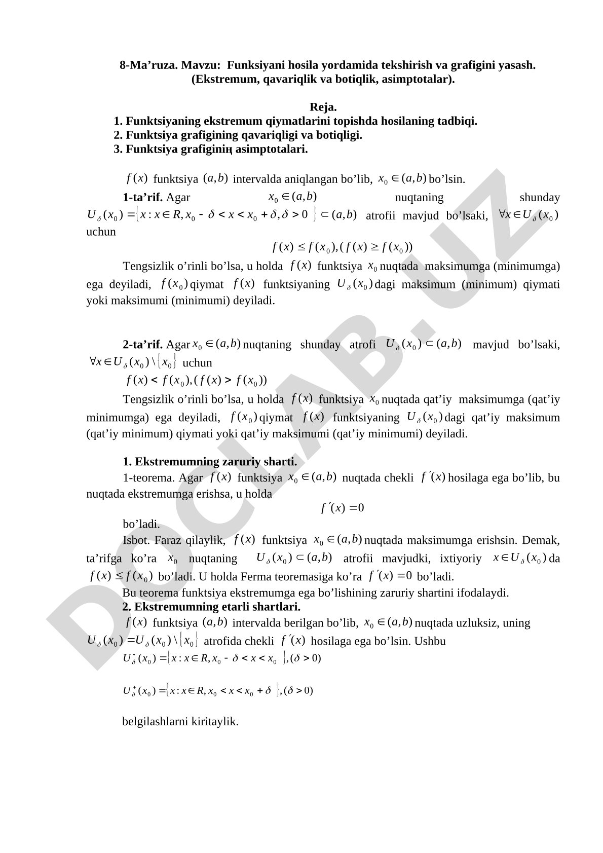 Funksiyani hosila yordamida tekshirish va grafigini yasash