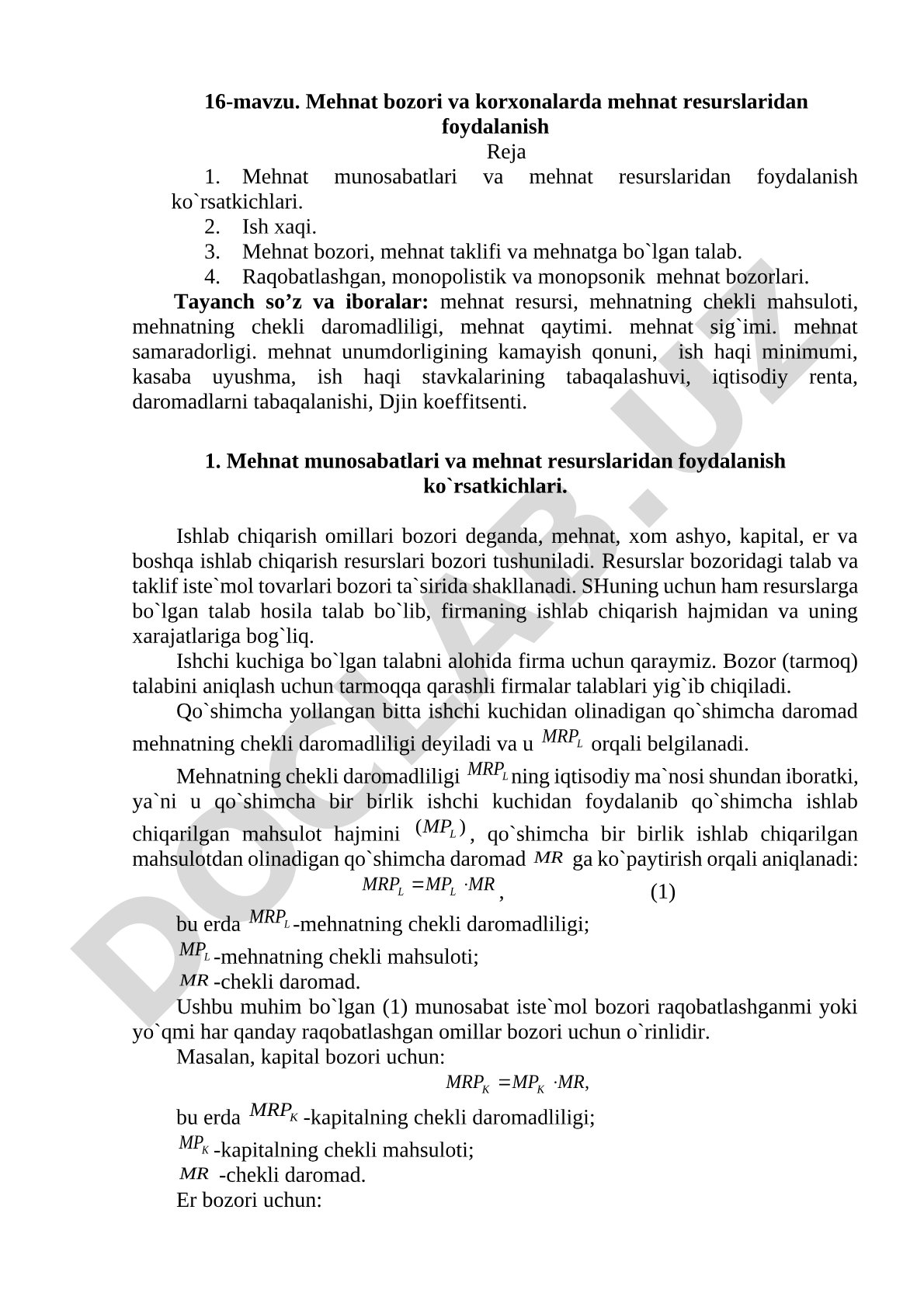 Mehnat bozori va korxonalarda mehnat resurslaridan foydalanish