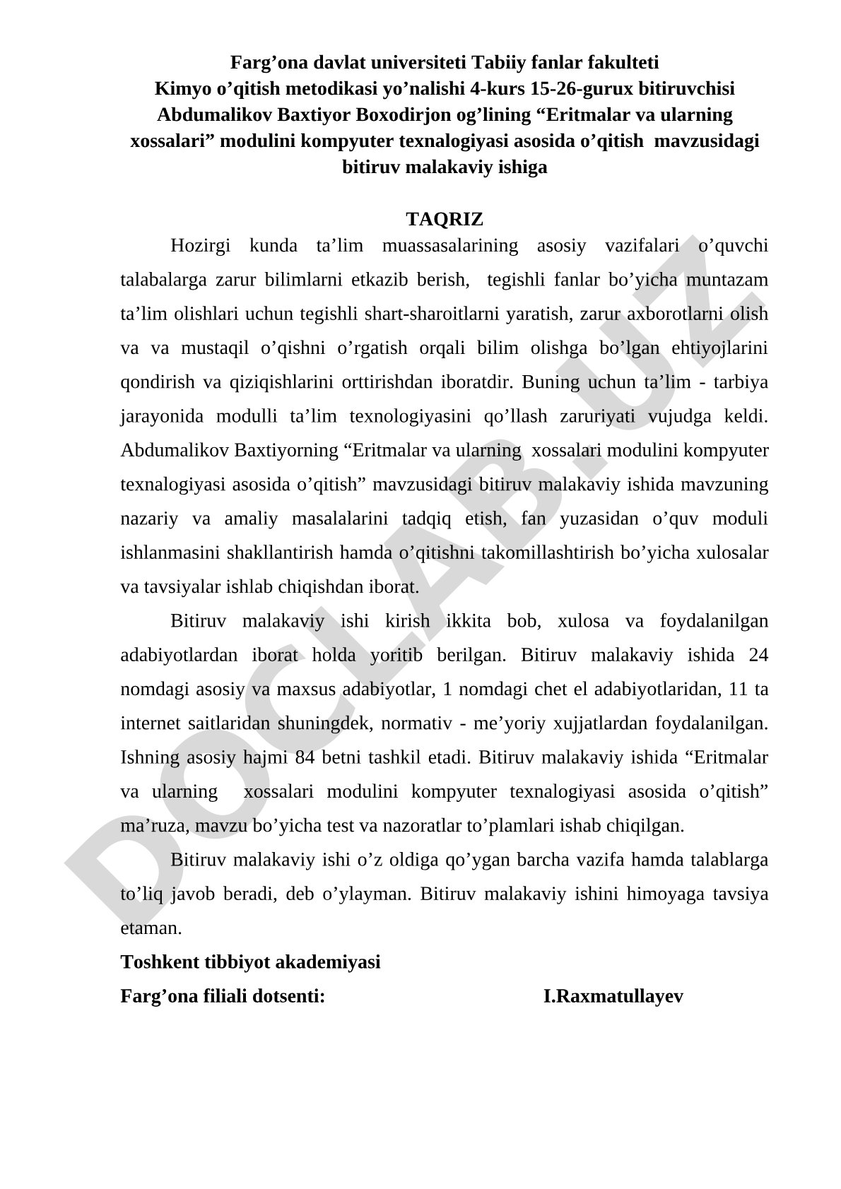 “Eritmalar va ularning xossalari” modulini kompyuter texnalogiyasi asosida o‘qitish