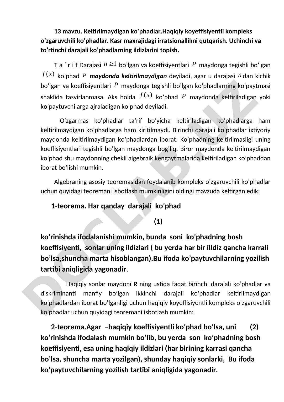 13 mavzu. Keltirilmaydigan ko’phadlar.