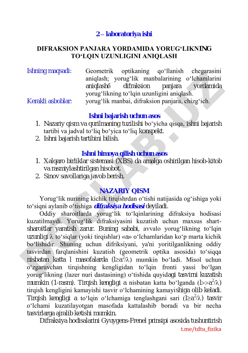 Difraksion panjara yordamida yorug'likning to'lqin uzunligini aniqlash