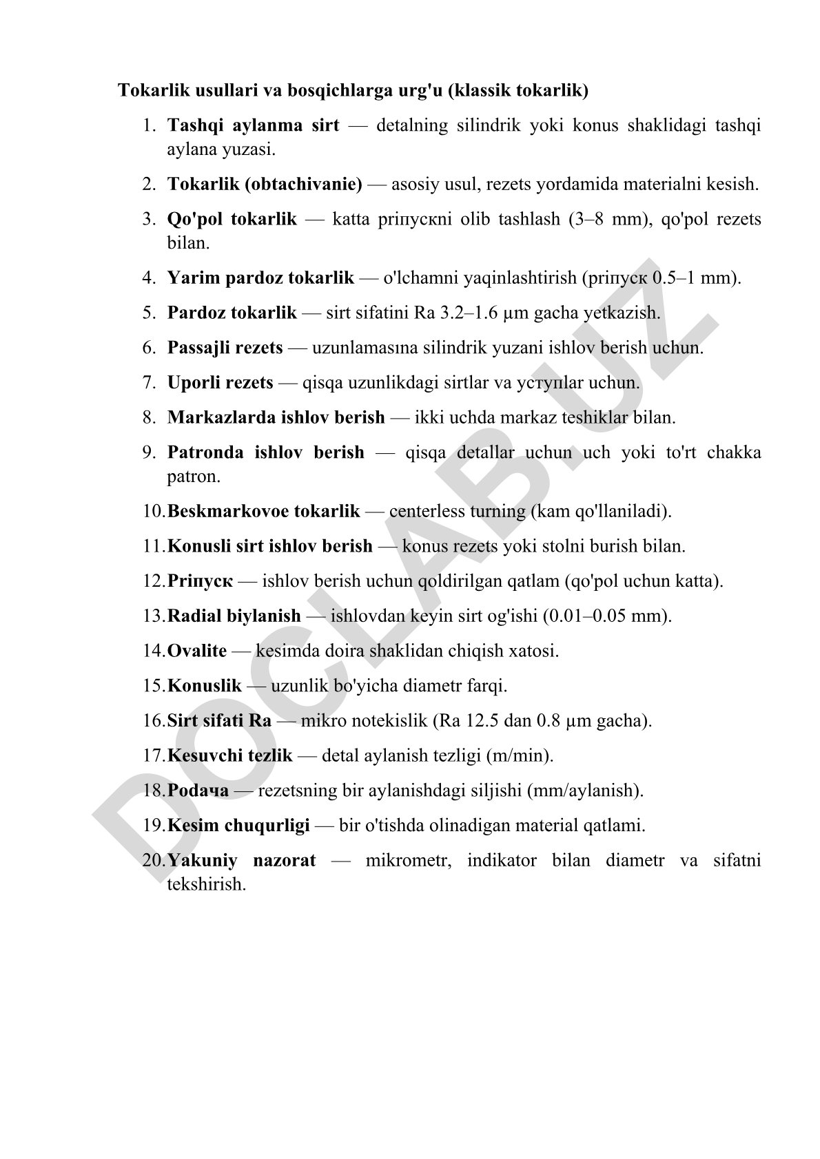 Tokarlik usullari va bosqichlari