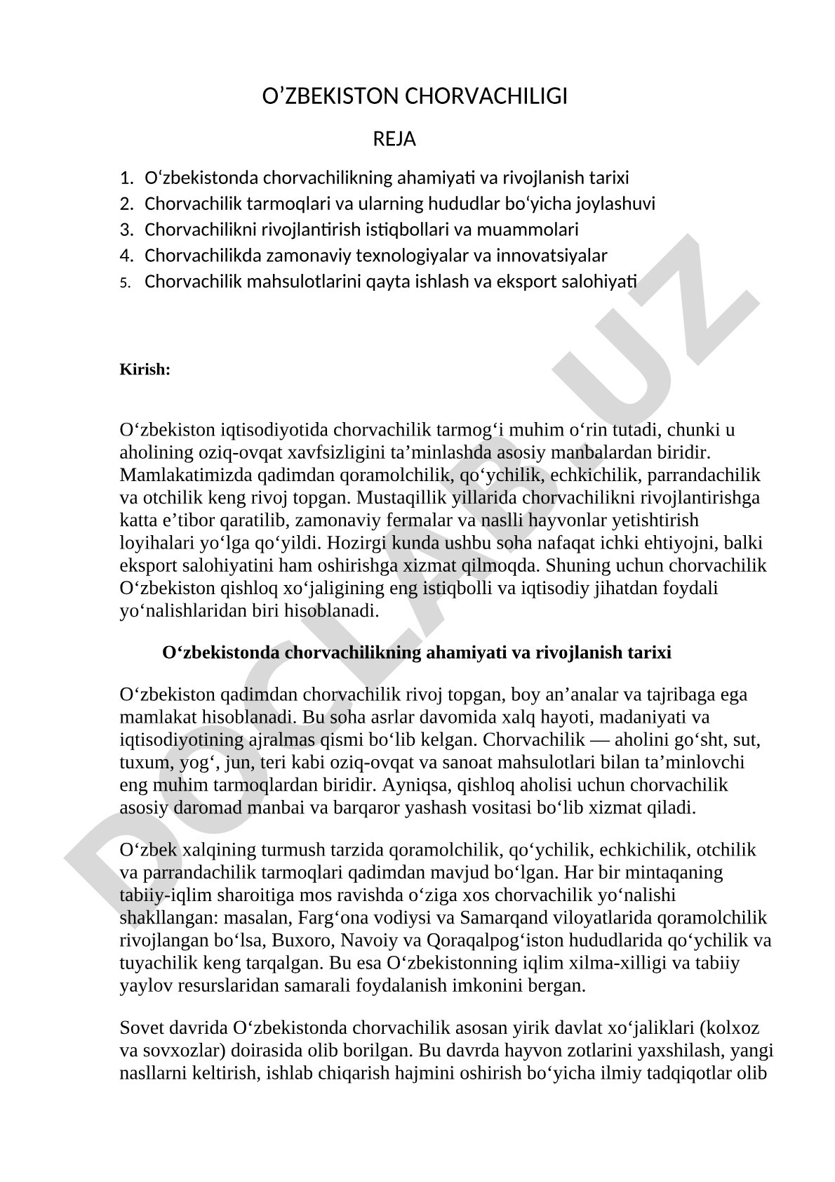 O'zbekiston chorvachiligining ahamiyati, tarmoqlari, istiqbollari yoritilgan
