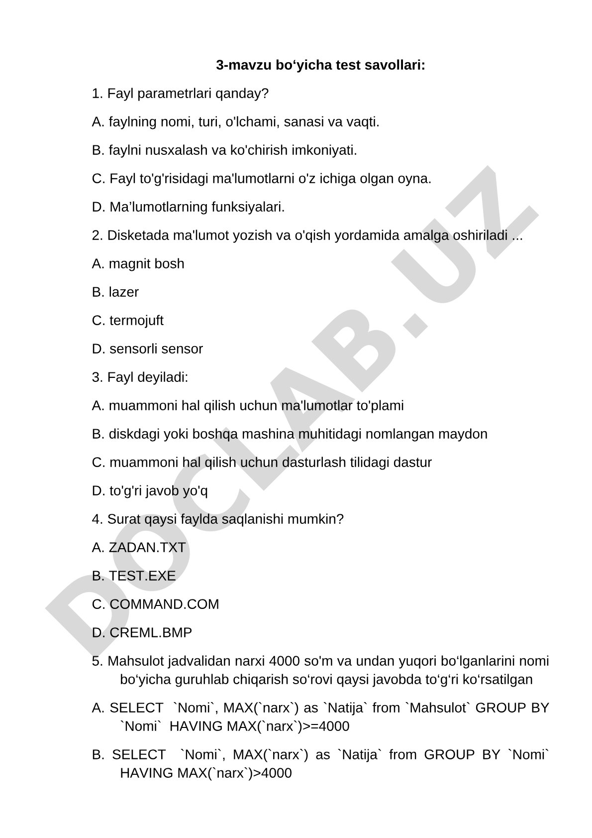 3-mavzu bo'yicha test savollari