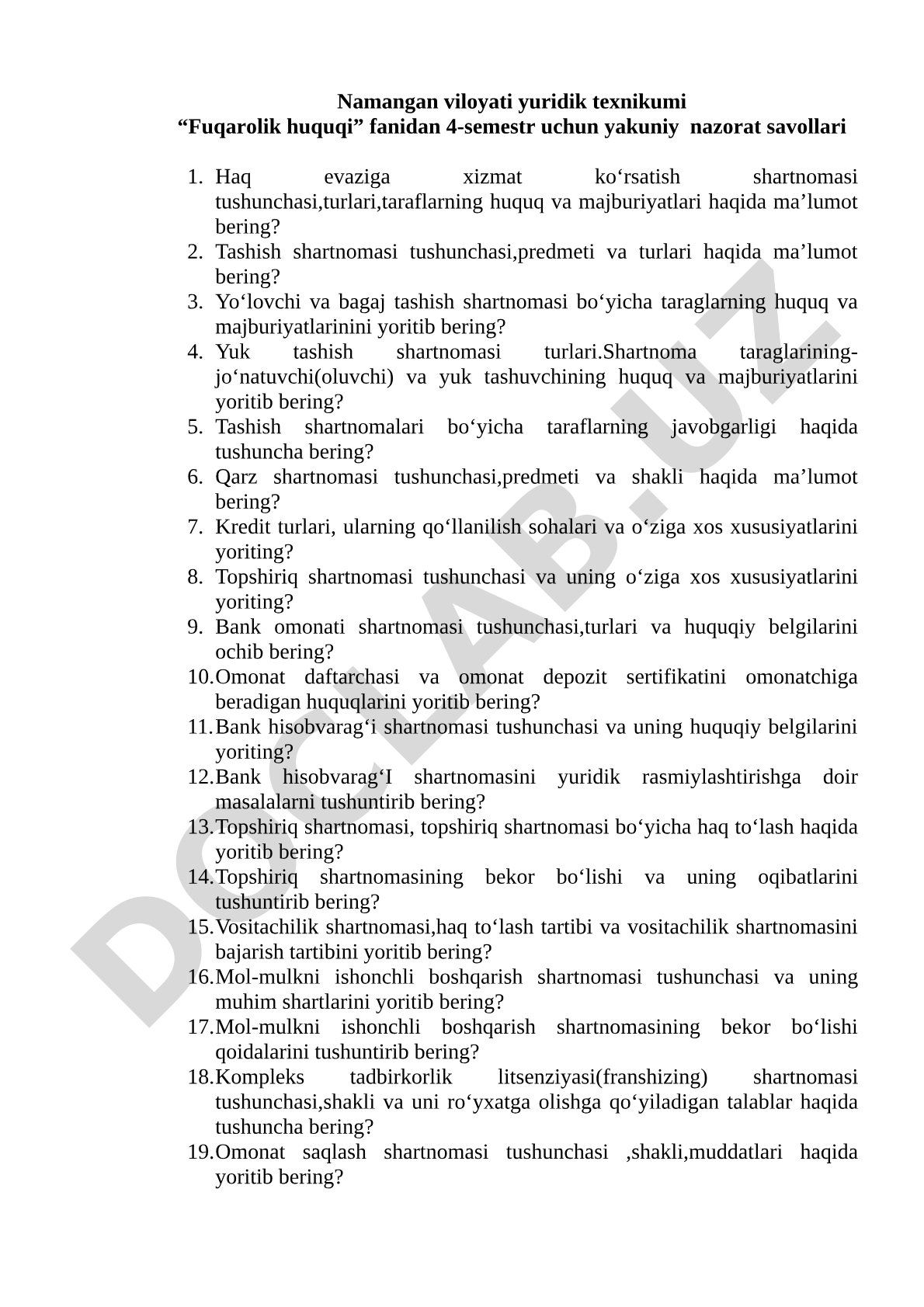 Fuqarolik huquqi fanidan yakuniy nazorat savollari