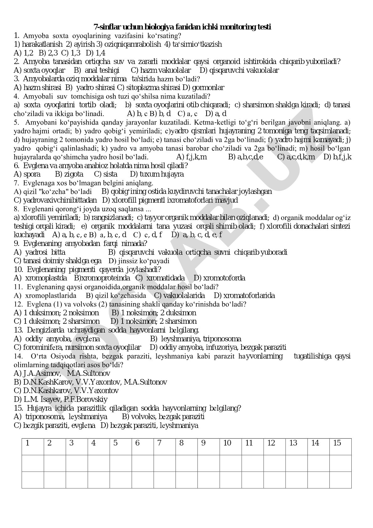 7-sinf biologiya fanidan amyoba ichki monitoring testi