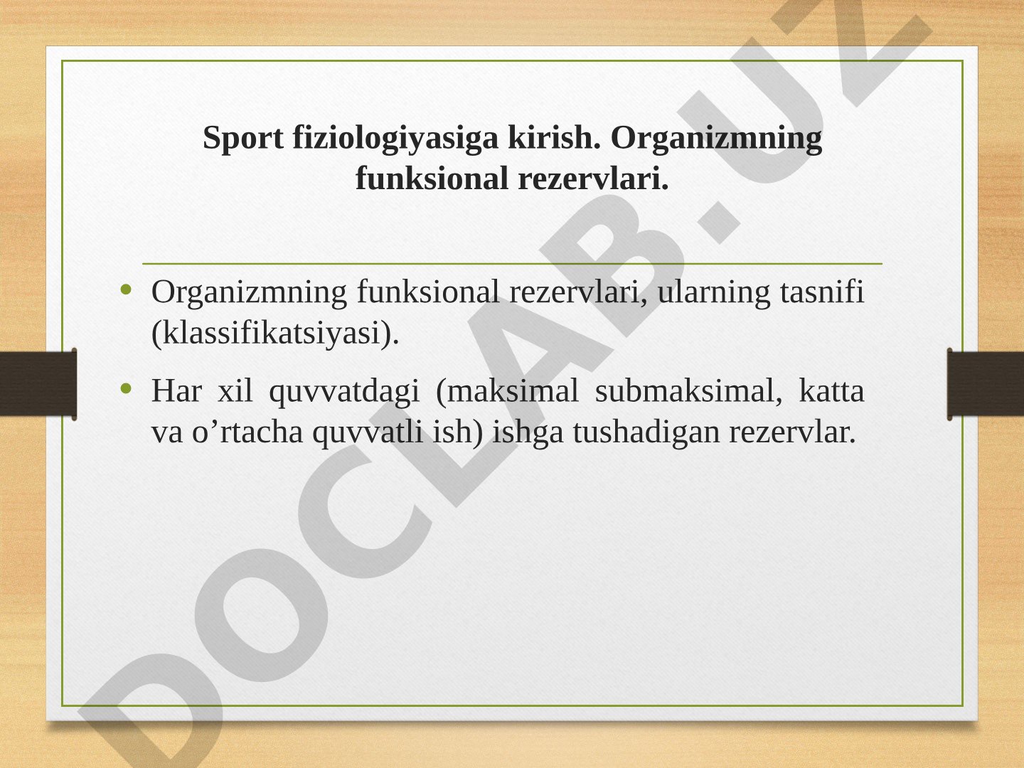 Sport fiziologiyasiga kirish. Organizmning funksional rezervlari