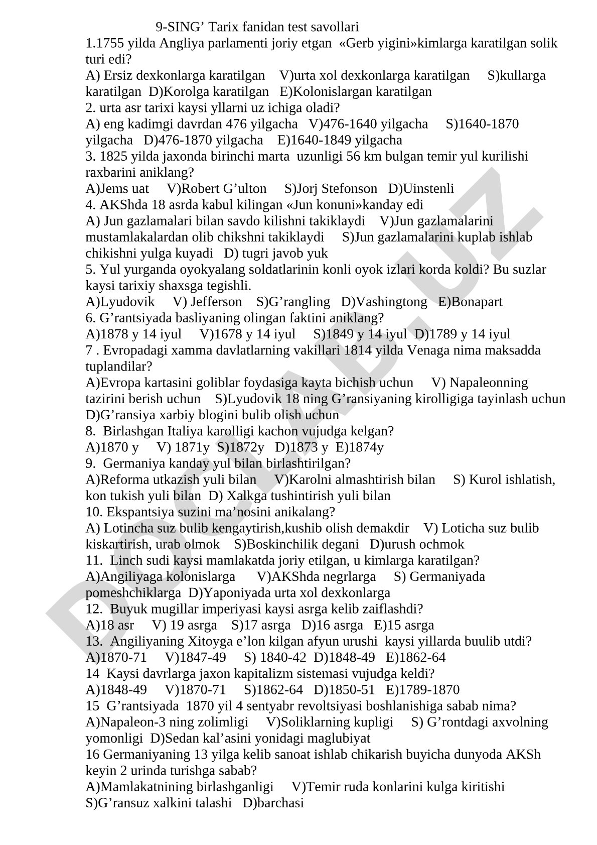 9-sinf tarix fanidan test savollari