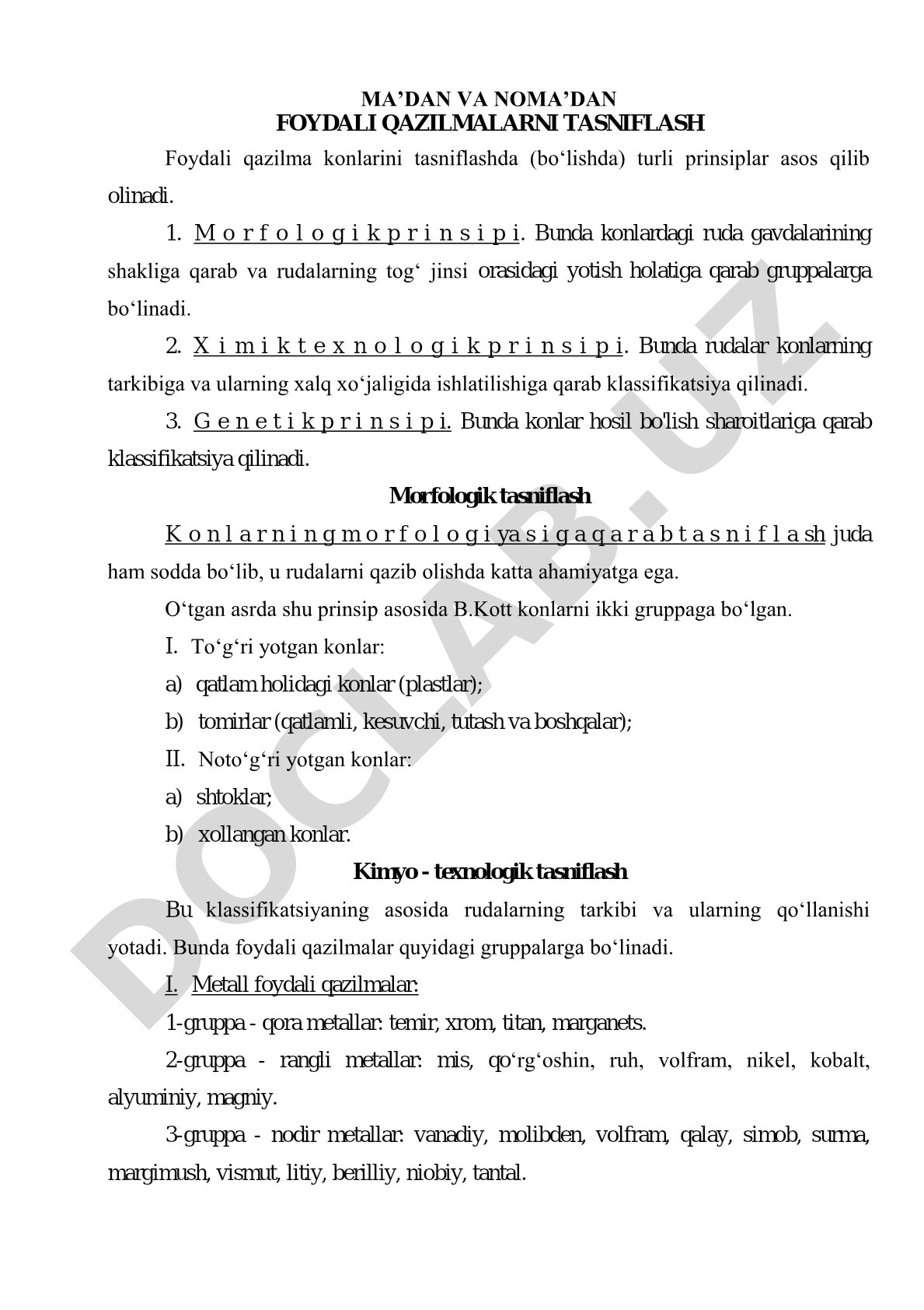 MA'DAN VA NOMA'DAN FOYDALI QAZILMALARNI TASNIFLASH