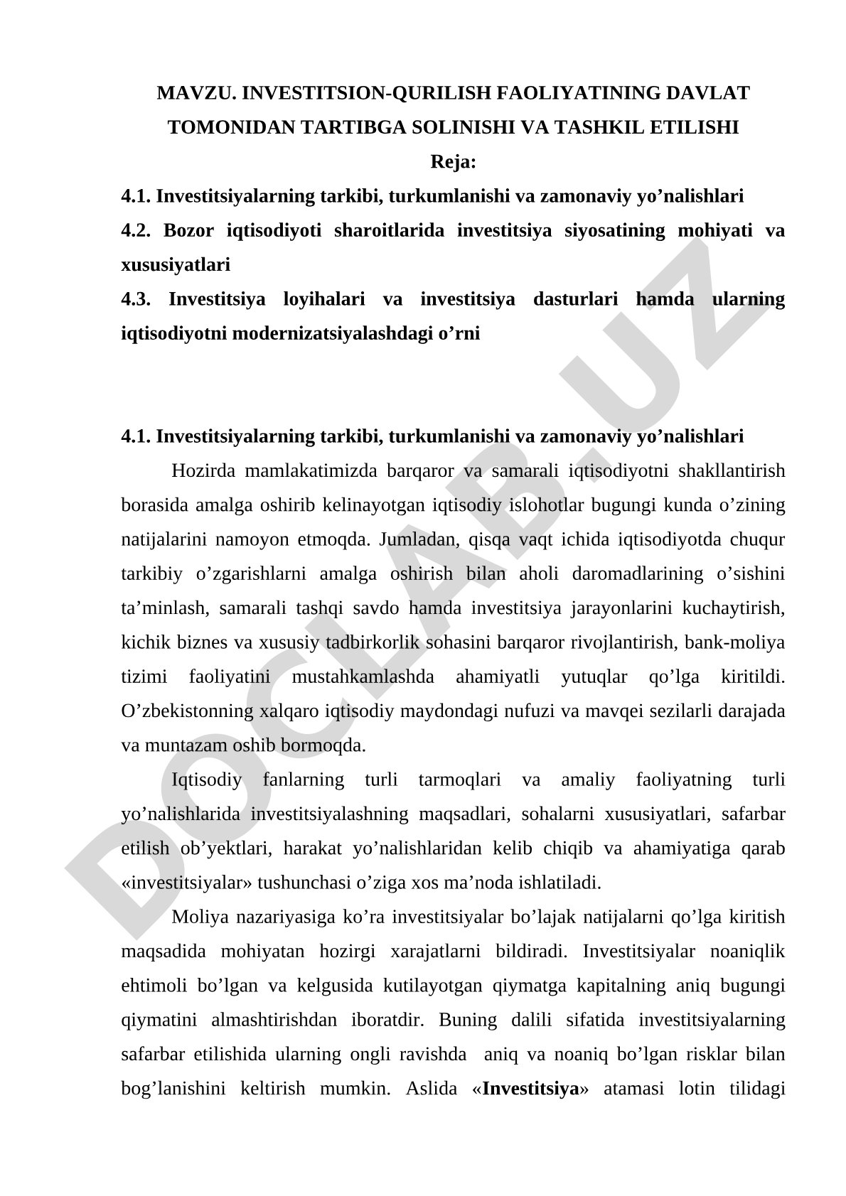Investitsion-qurilish faoliyatining davlat tomonidan tartibga solinishi va tashkil etilishi