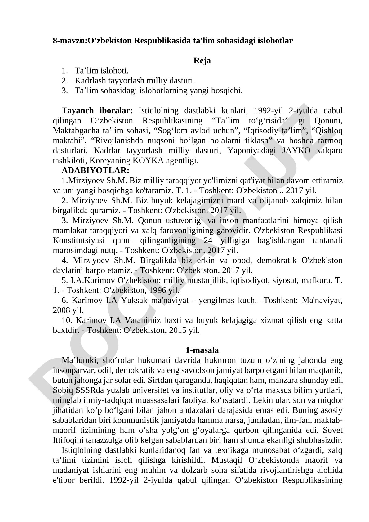 O'zbekiston Respublikasida ta'lim sohasidagi islohotlar