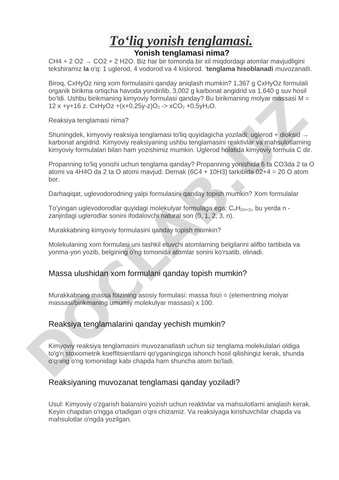 Yonish reaksiyalari tenglamalarini tuzish va modda formulasini aniqlash