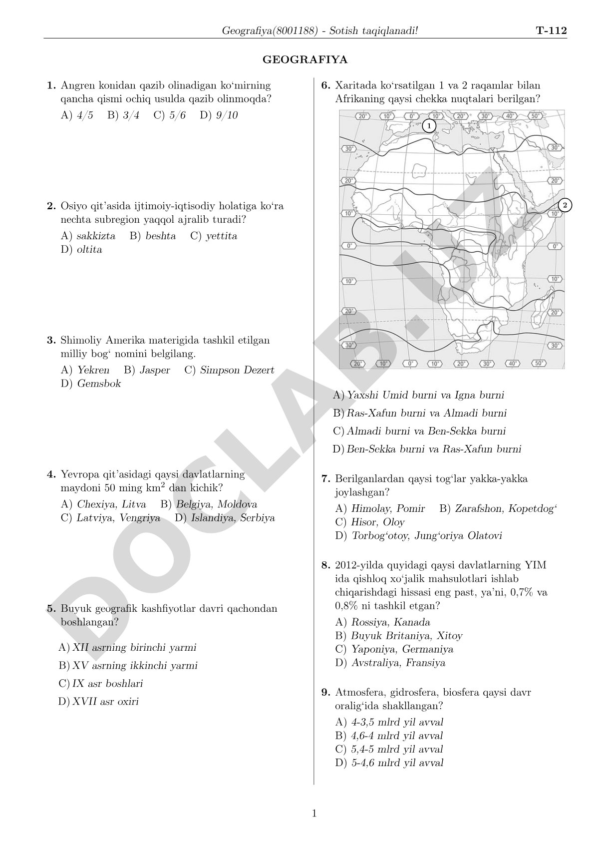 Geografiya bo'yicha test savollari