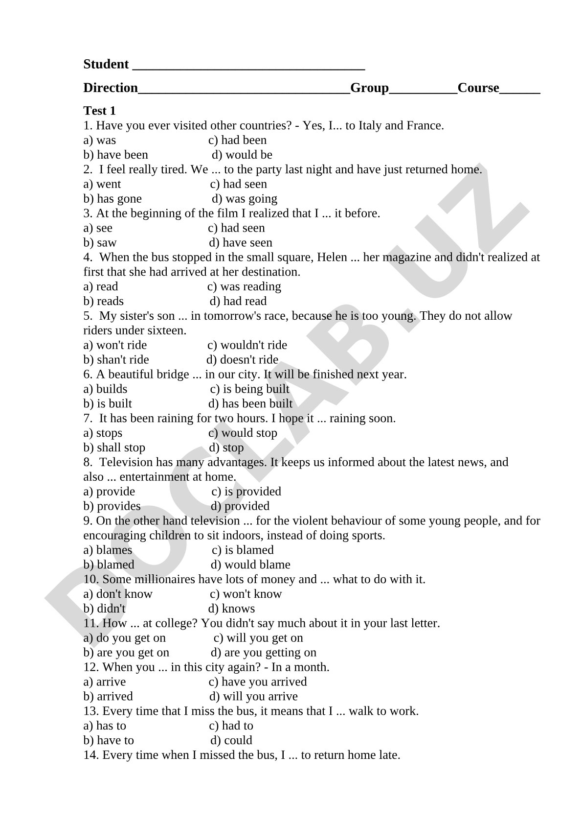 English Grammar Test 1