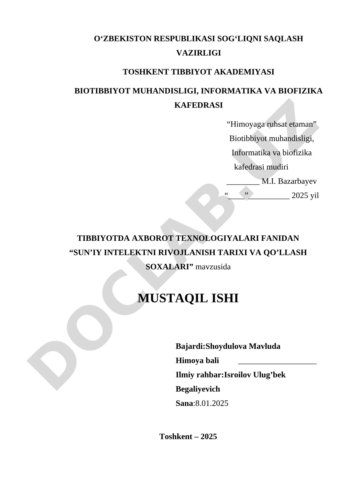 Sun’iy intellektni rivojlanish tarixi va qo’llash soxalari