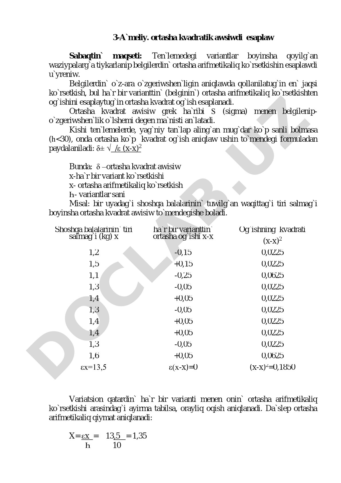 ortasha kvadratik awsiwdi esaplaw