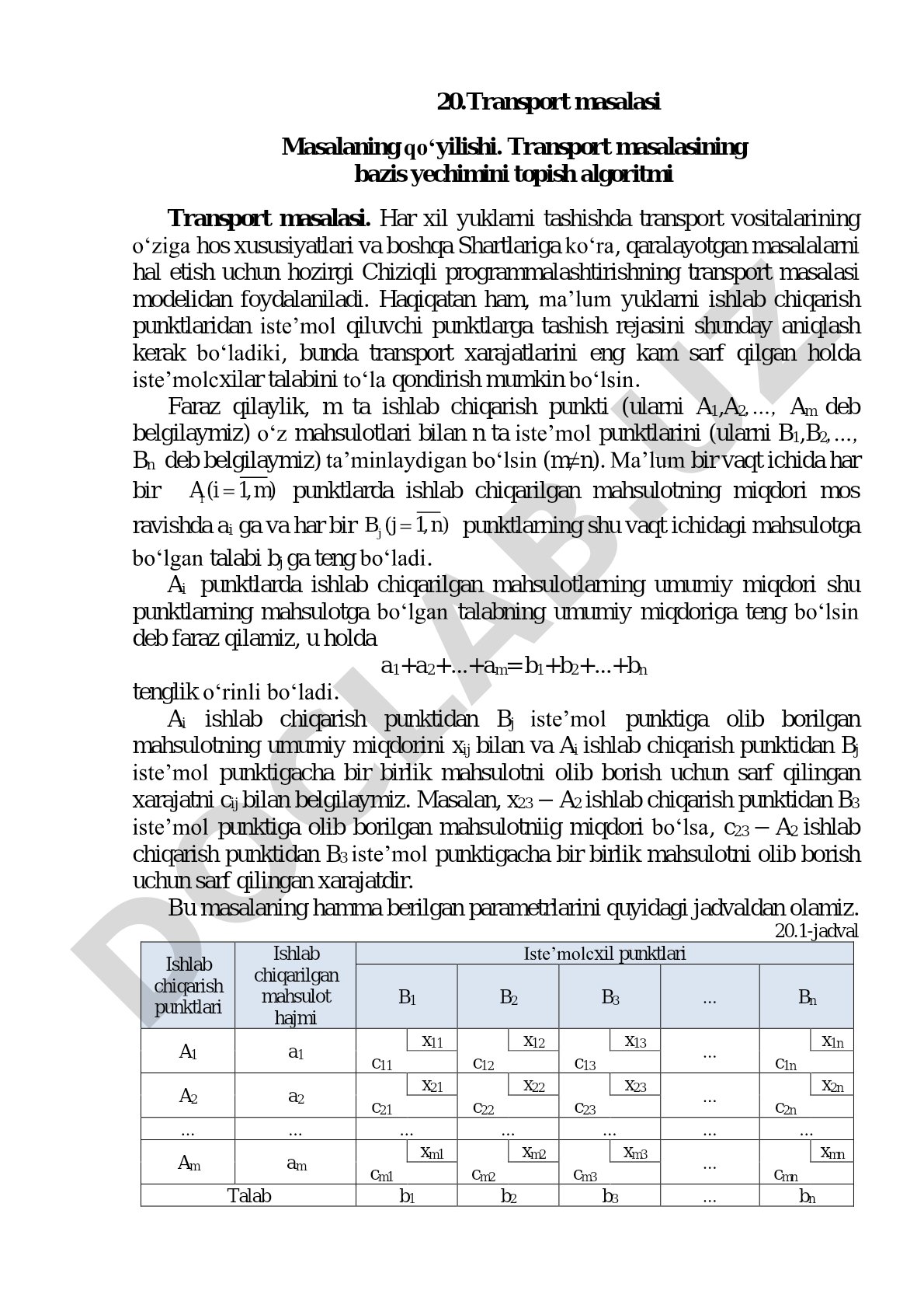 Transport masalasining matematik modeli va bazis yechimini topish algoritmi