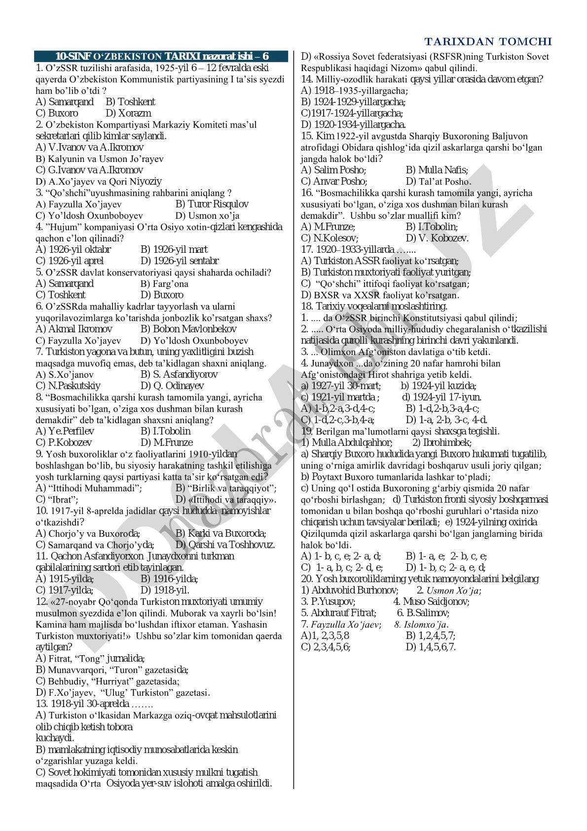 10-sinf O'zbekiston tarixi nazorat ishi