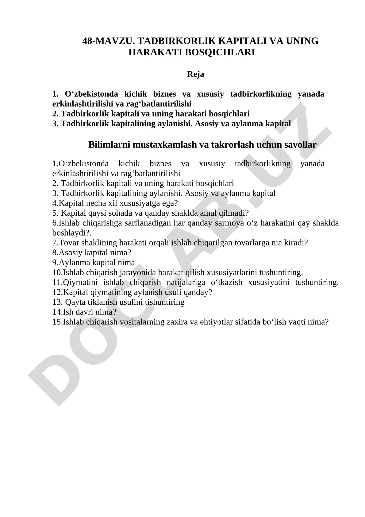 Tadbirkorlik kapitali va uning harakati bosqichlari