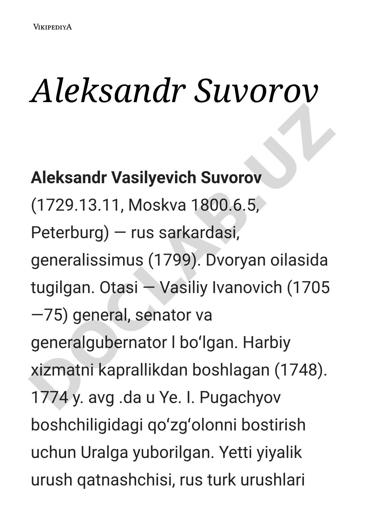 Aleksandr Suvorov hayoti va harbiy faoliyati