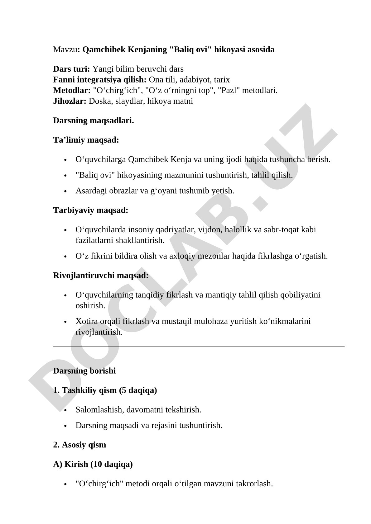 Qamchibek Kenjaning "Baliq ovi" hikoyasi asosida