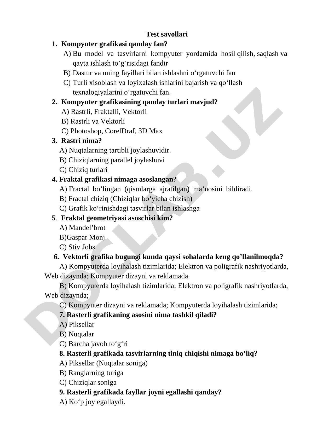 Kompyuter grafikasi fanidan test savollari