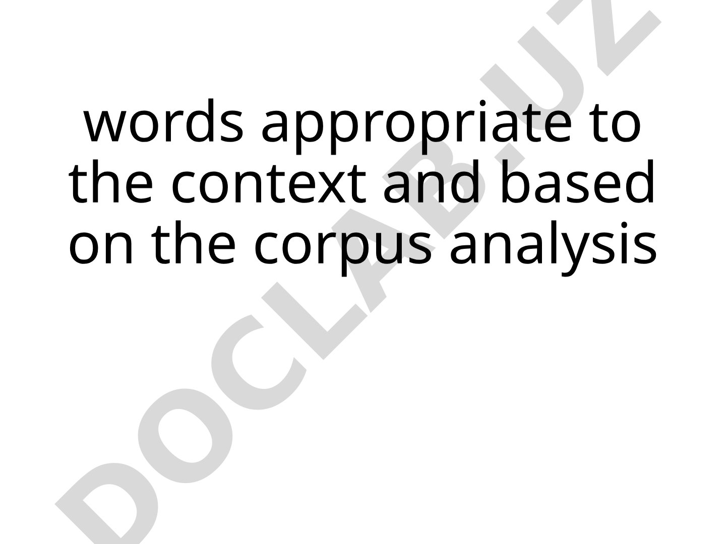 Words appropriate to the context and based on the corpus analysis
