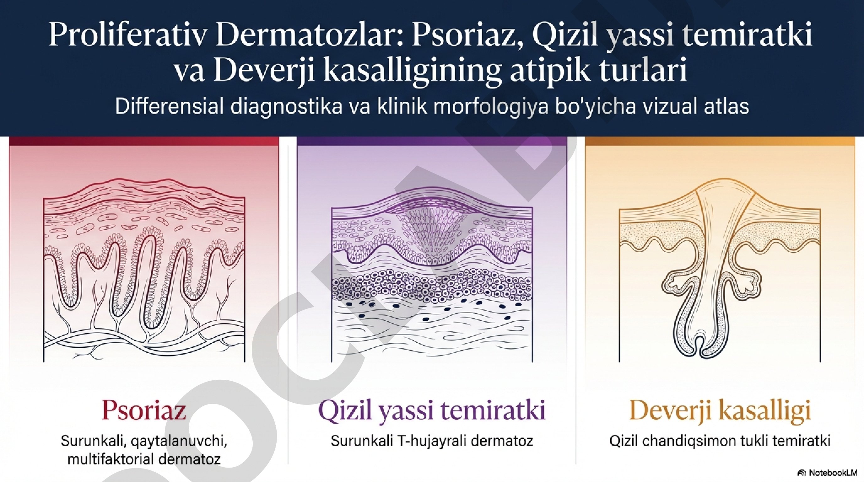 Proliferativ Dermatozlar: Psoriaz, Qizil yassi temiratki va Deverji kasalliklarining atipik turlari