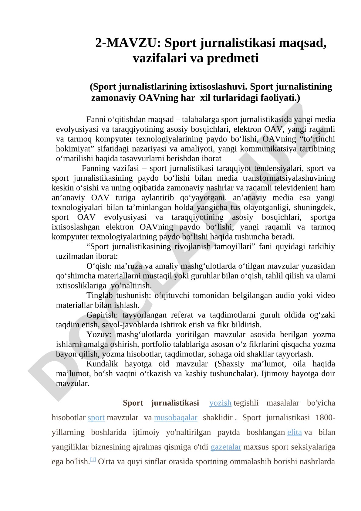 Sport jurnalistikasi maqsad, vazifalari va predmeti