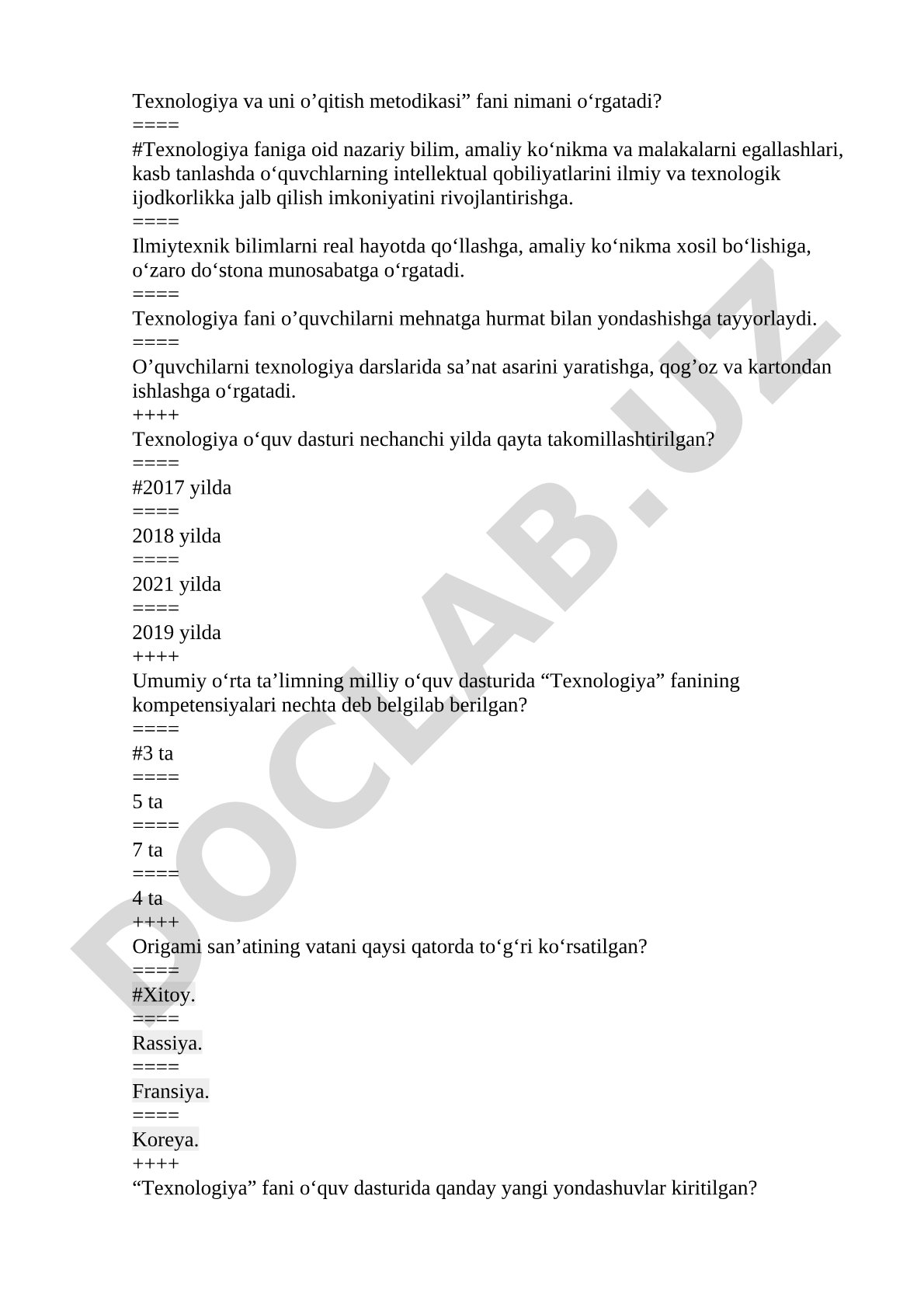 Texnologiya va uni o’qitish metodikasi bo’yicha testlar