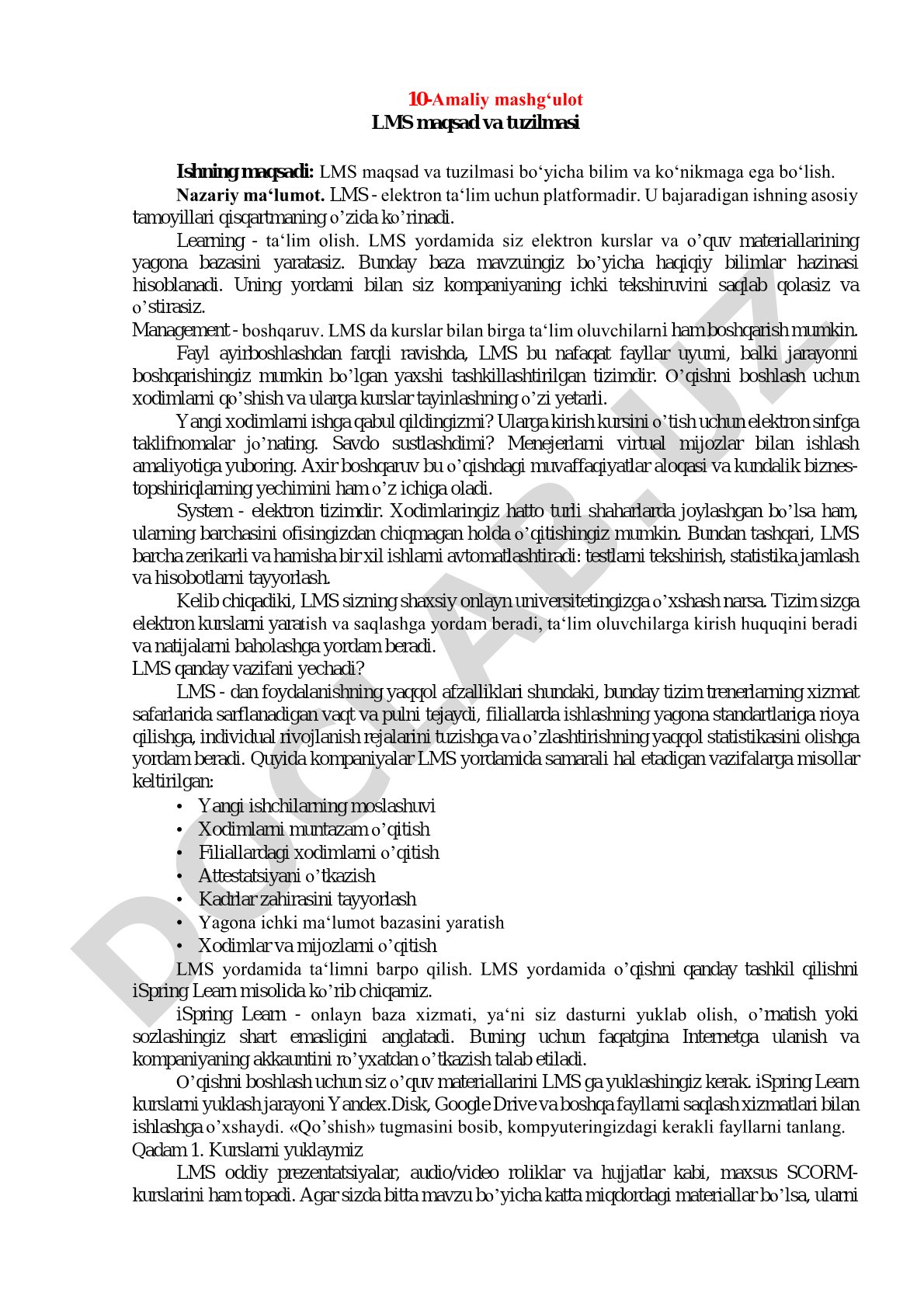 10-Amaliy mashg‘ulot LMS maqsad va tuzilmasi Ishning maqsadi: LMS maqsad va tuzilmasi bo‘yicha bilim