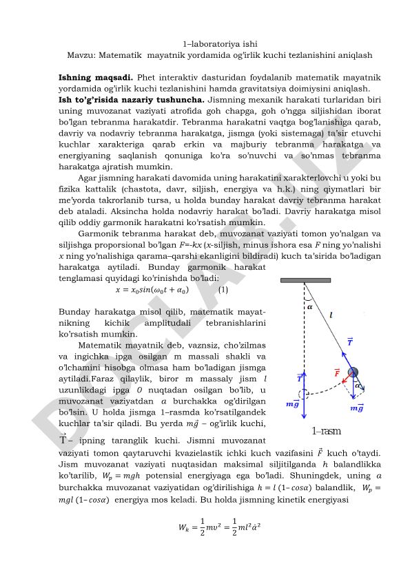 Matematik mayatnik yordamida og'irlik kuchi tezlanishini aniqlash
