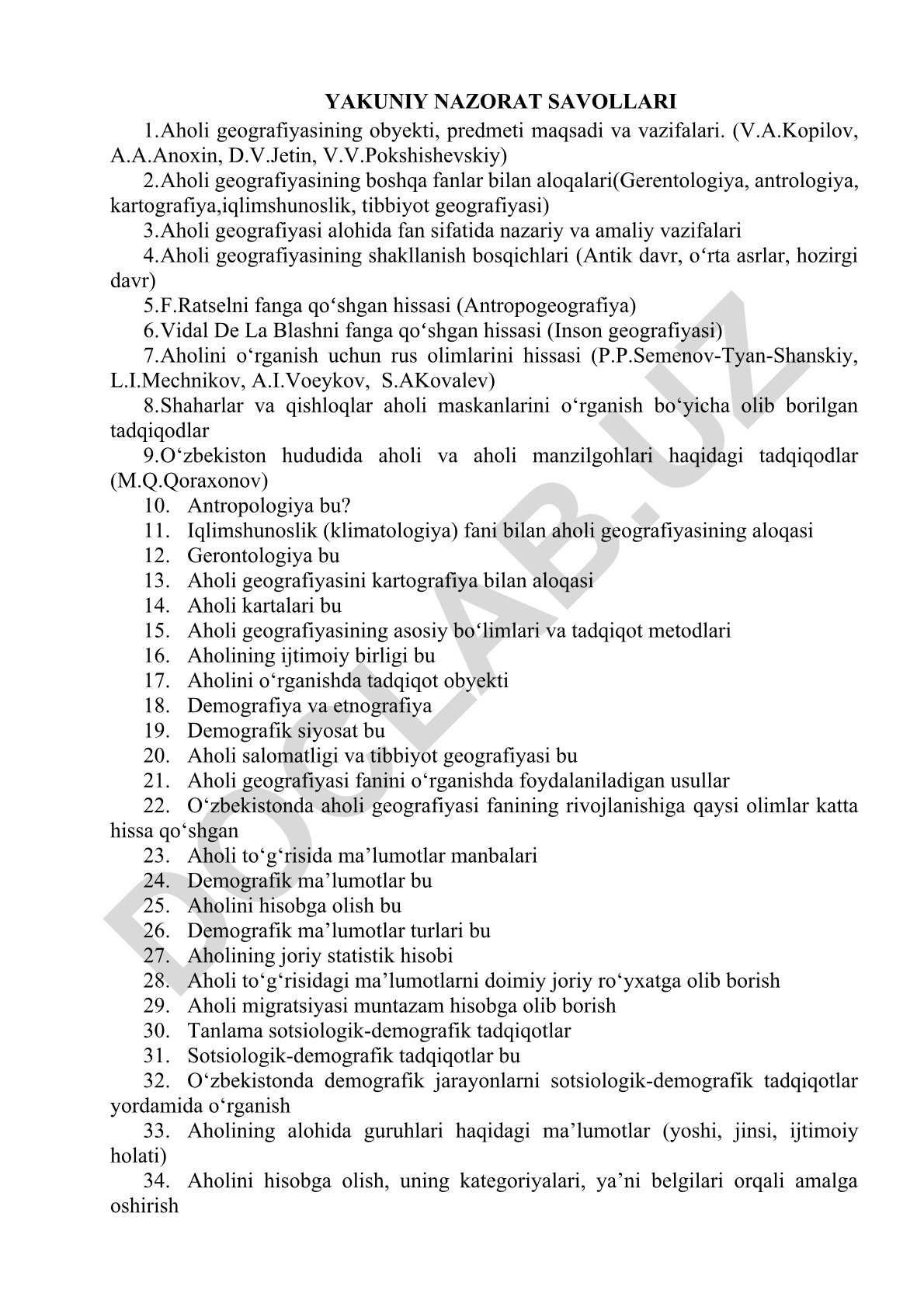 Aholi geografiyasining obyekti, predmeti, maqsadi va vazifalari