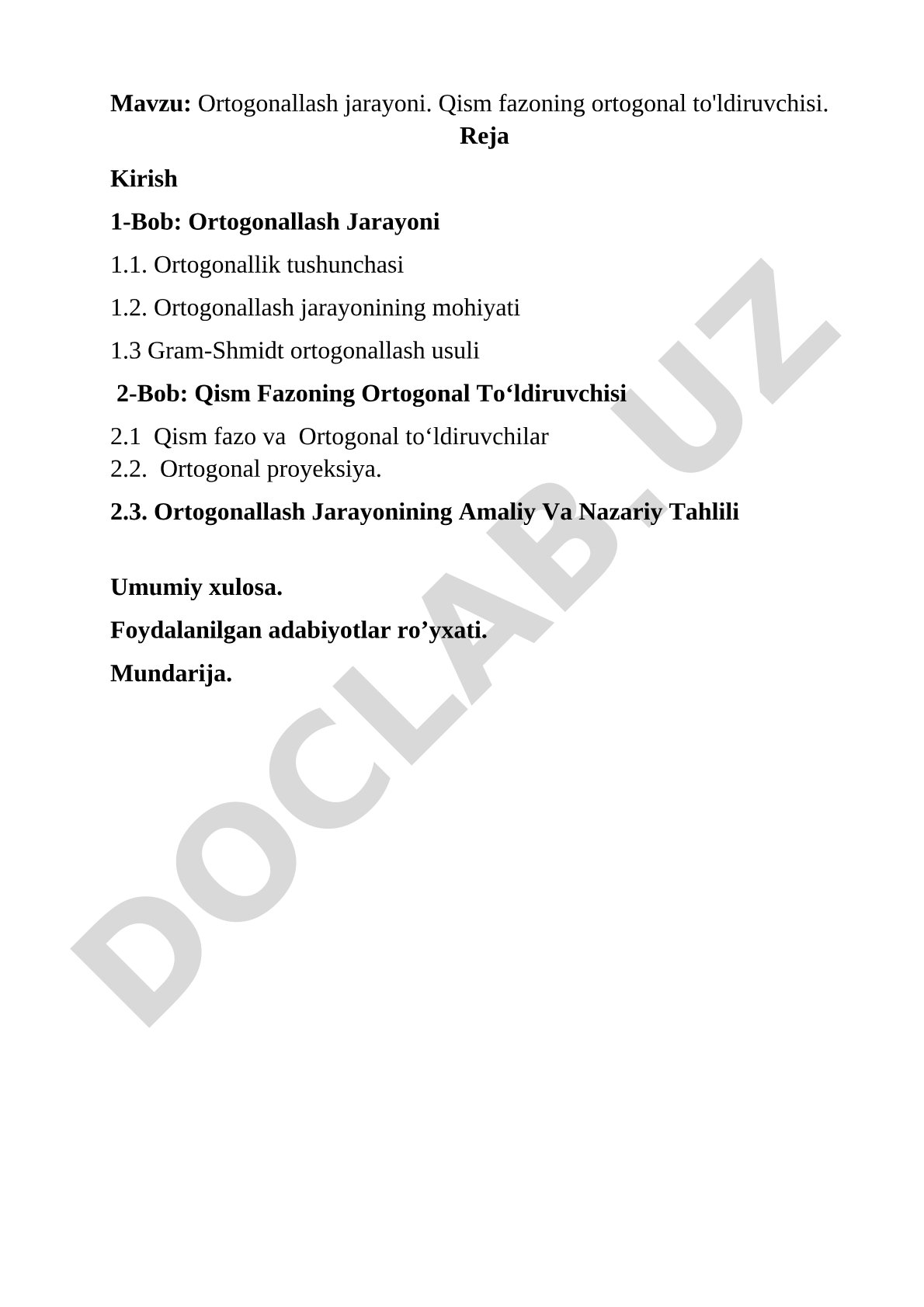 Ortogonallash jarayoni. Qism fazoning ortogonal to'ldiruvchisi