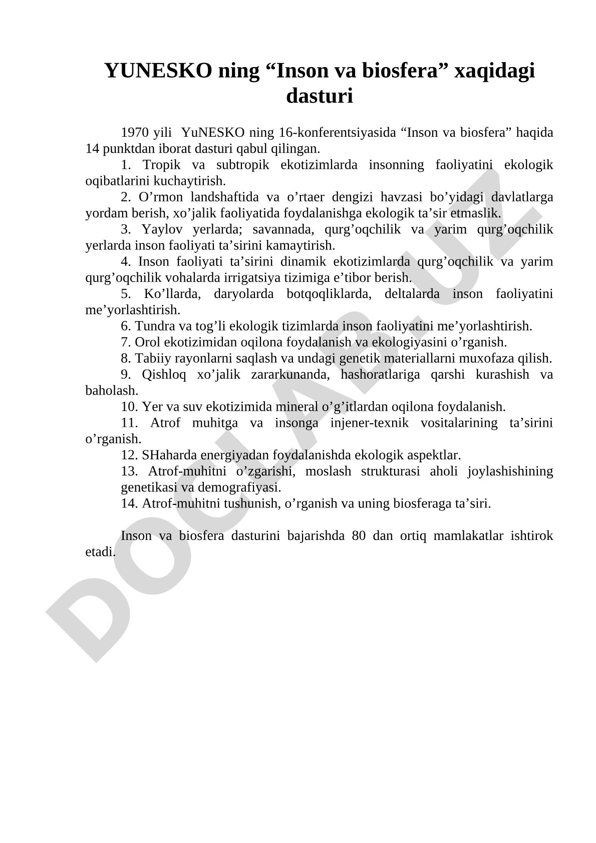 YUNESKOning Inson va biosfera dasturi (14 punkt)