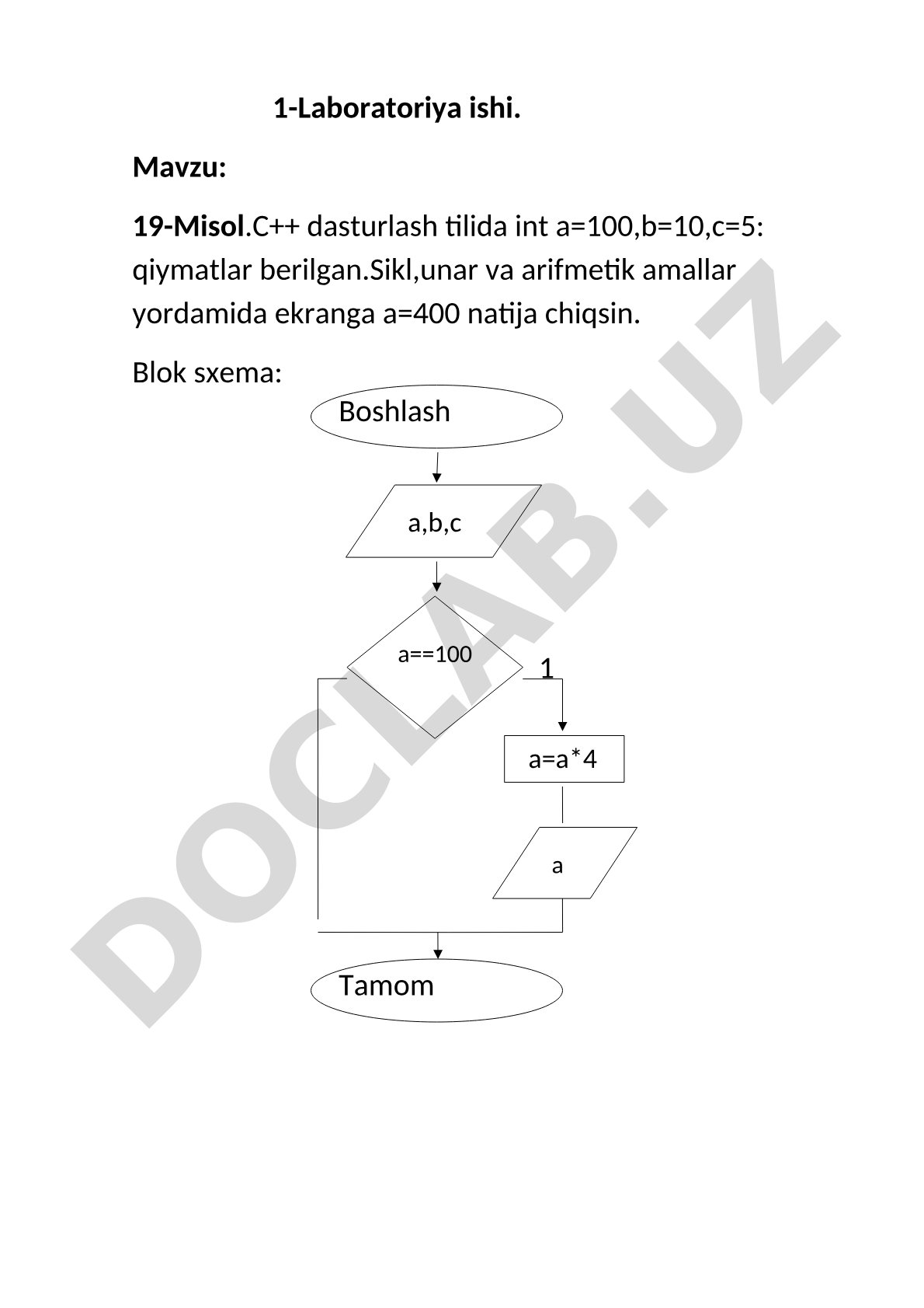 19-Misol.C++ dasturlash tilida int a=100,b=10,c=5: qiymatlar berilgan.Sikl,unar va arifmetik amallar yordamida ekranga a=400 natija chiqsin