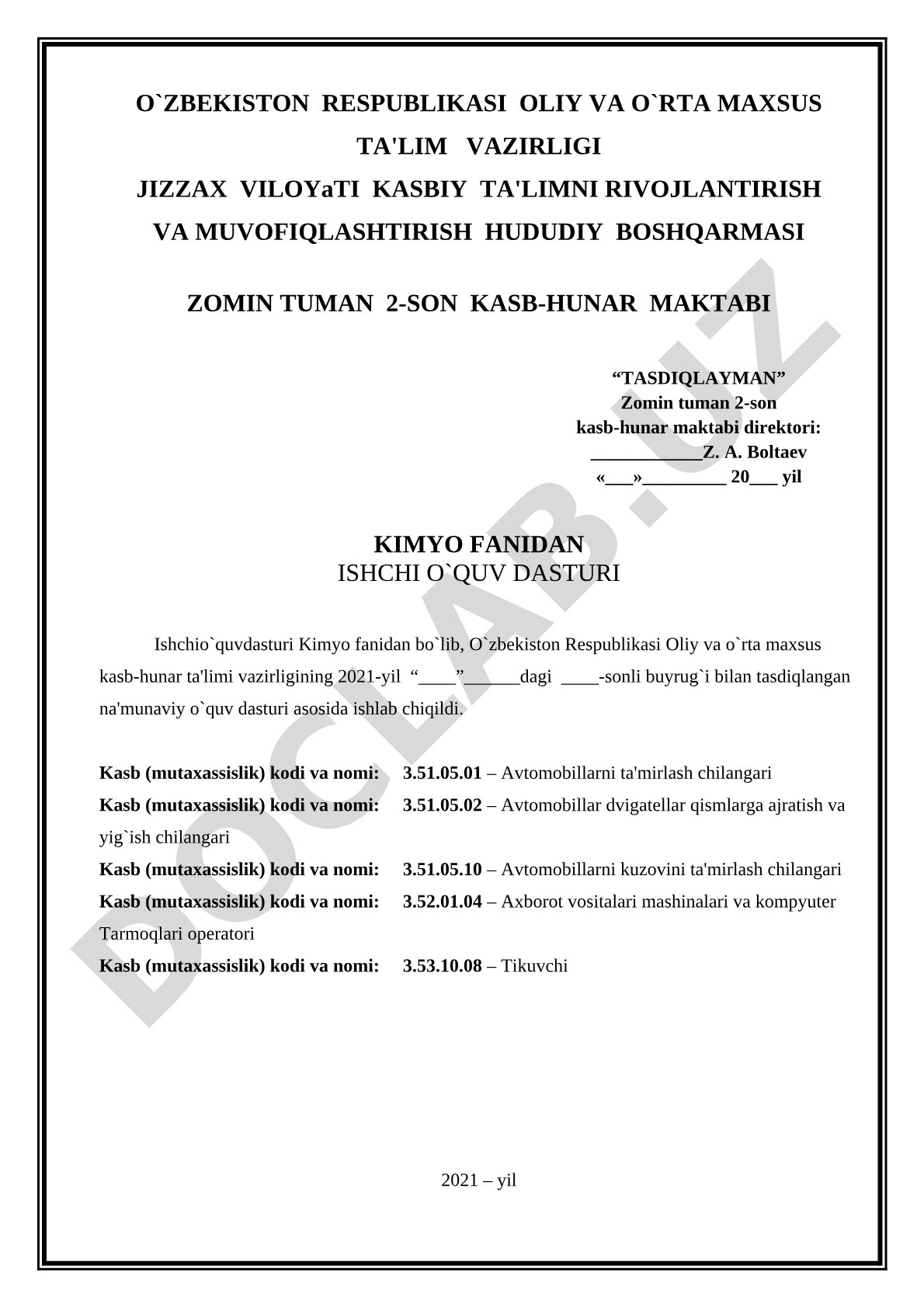 Kimyo fanidan ishchi o'quv dasturi