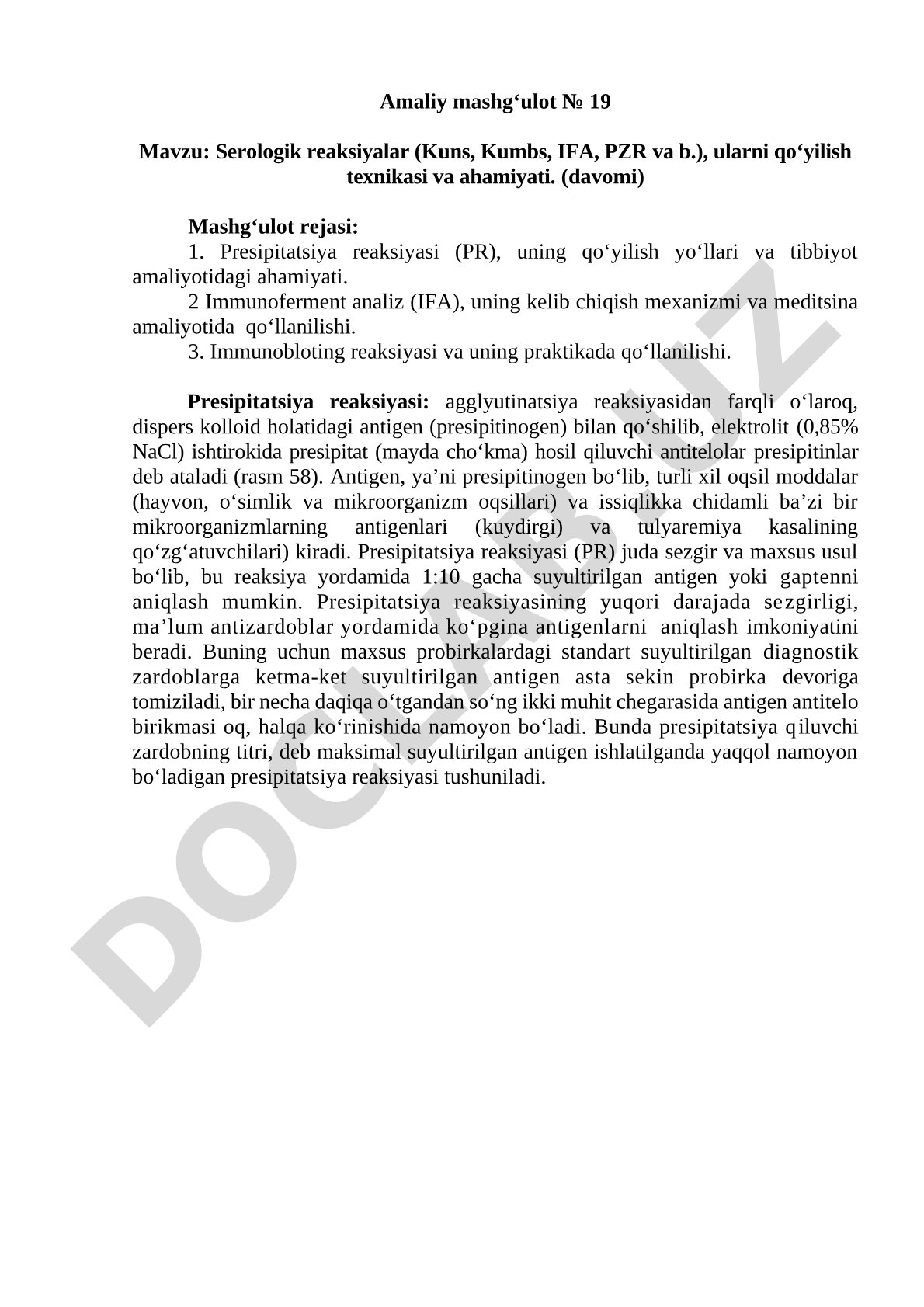 Serologik reaksiyalar (Kuns, Kumbs, IFA, PZR va b.), ularni qo'yilish texnikasi va ahamiyati