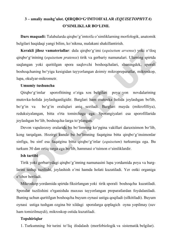 Qirqbo'g'imtoifalar o'simliklar bo'limi va ularning morfologik, anatomik belgilari