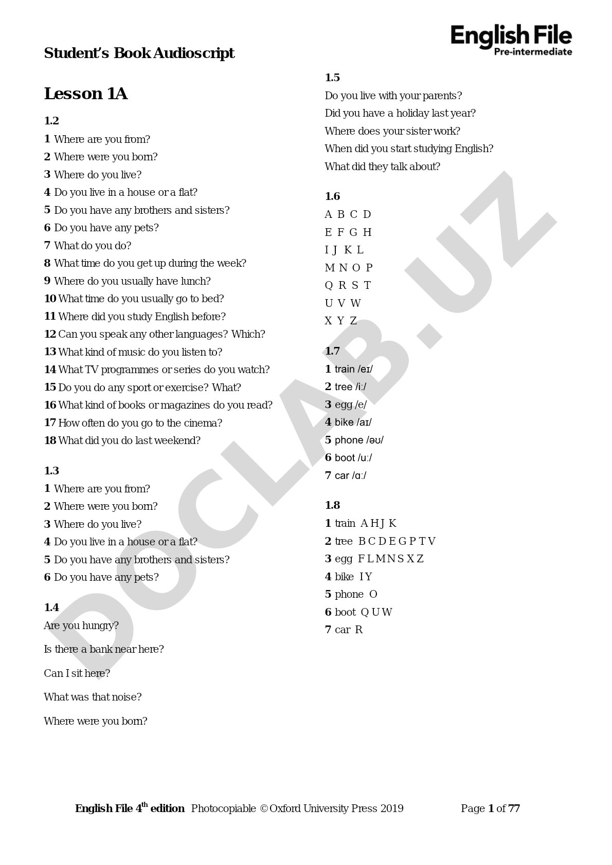 Personal Information and Pronunciation Practice Questions